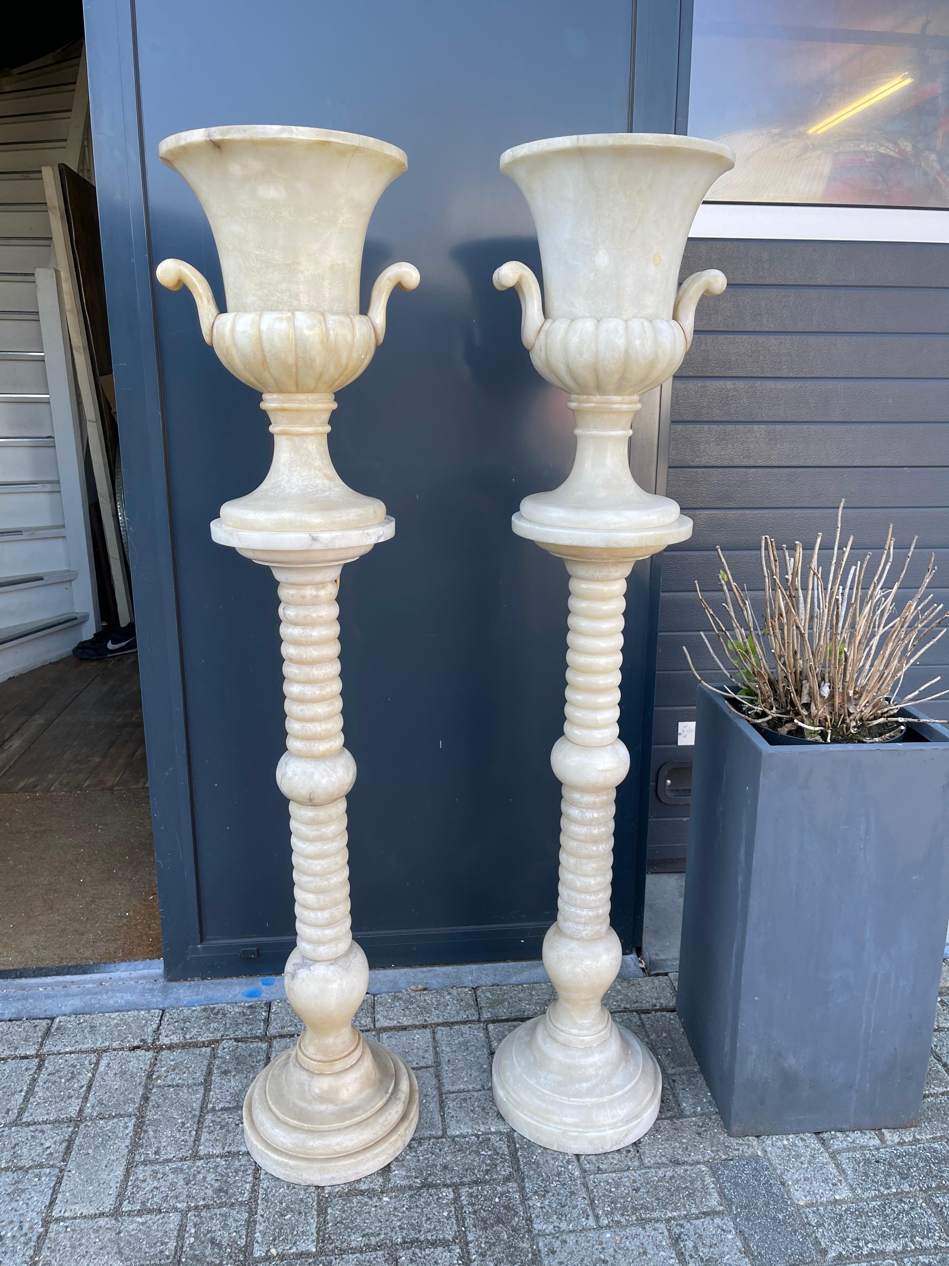 Impressive Pair Extra Large Alabaster Pedestals W. Ornamental Urn Design Vases  For Sale 5