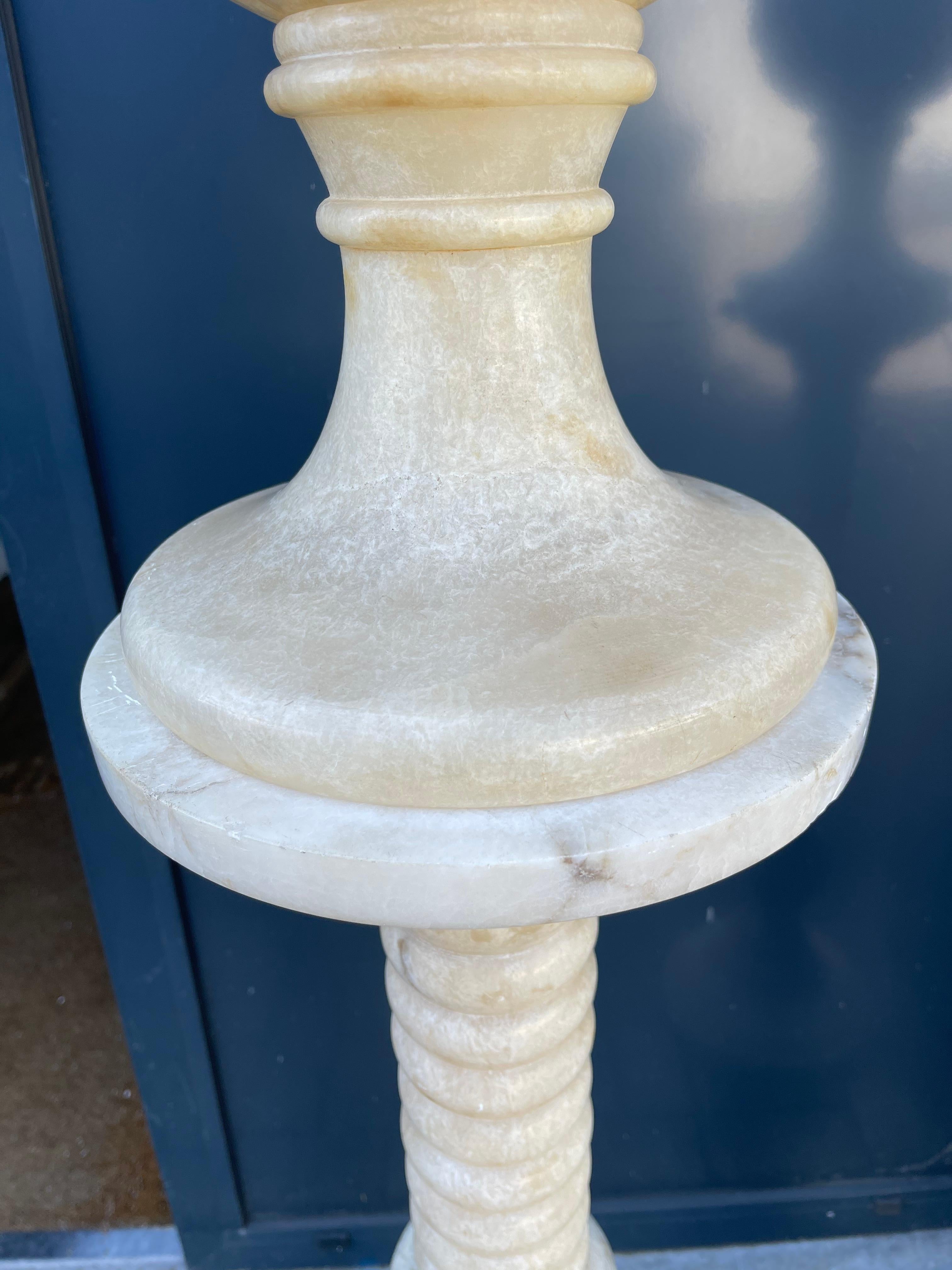 Impressive Pair Extra Large Alabaster Pedestals W. Ornamental Urn Design Vases  For Sale 6