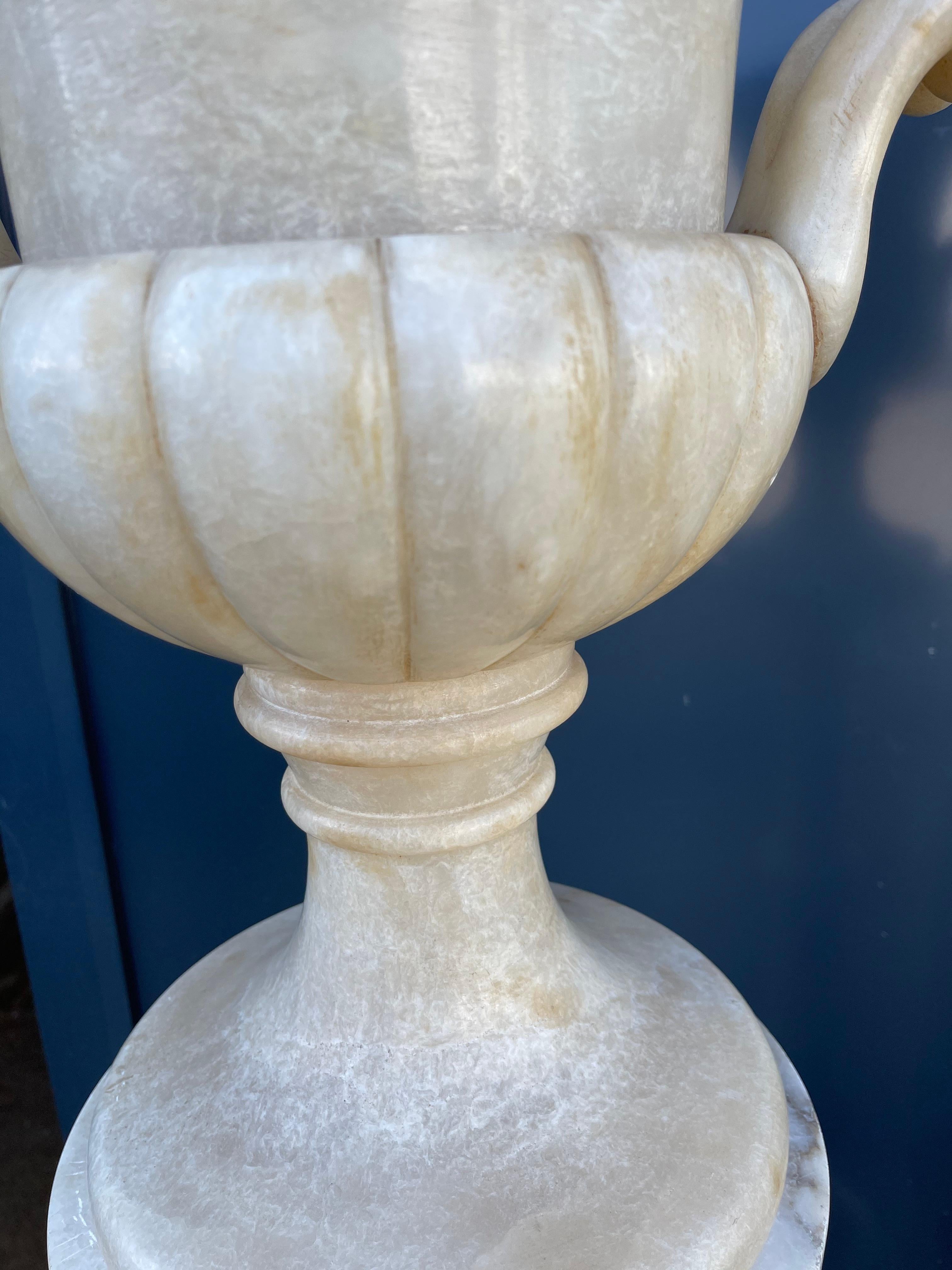 Impressive Pair Extra Large Alabaster Pedestals W. Ornamental Urn Design Vases  For Sale 7