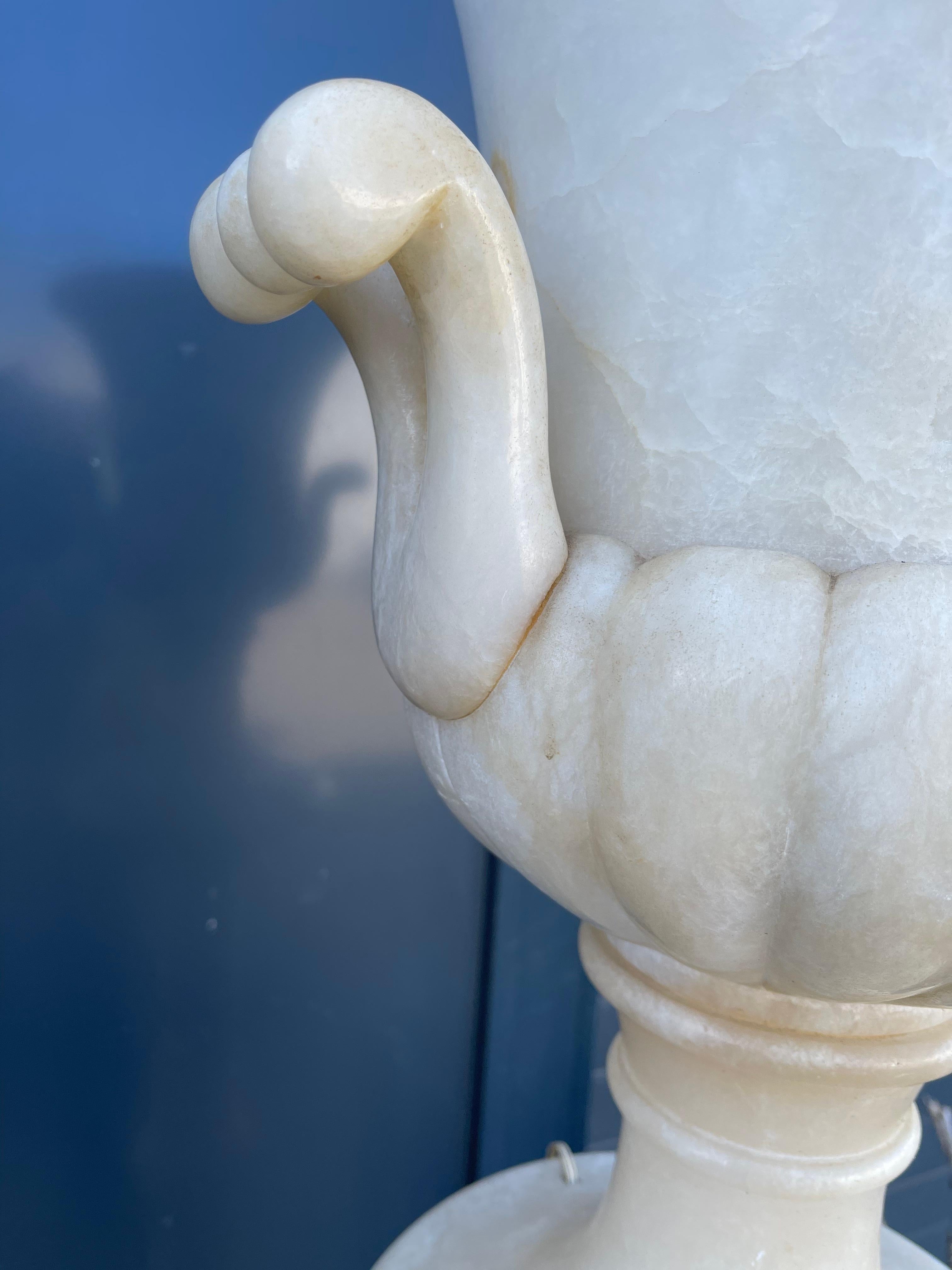 Impressive Pair Extra Large Alabaster Pedestals W. Ornamental Urn Design Vases  For Sale 8