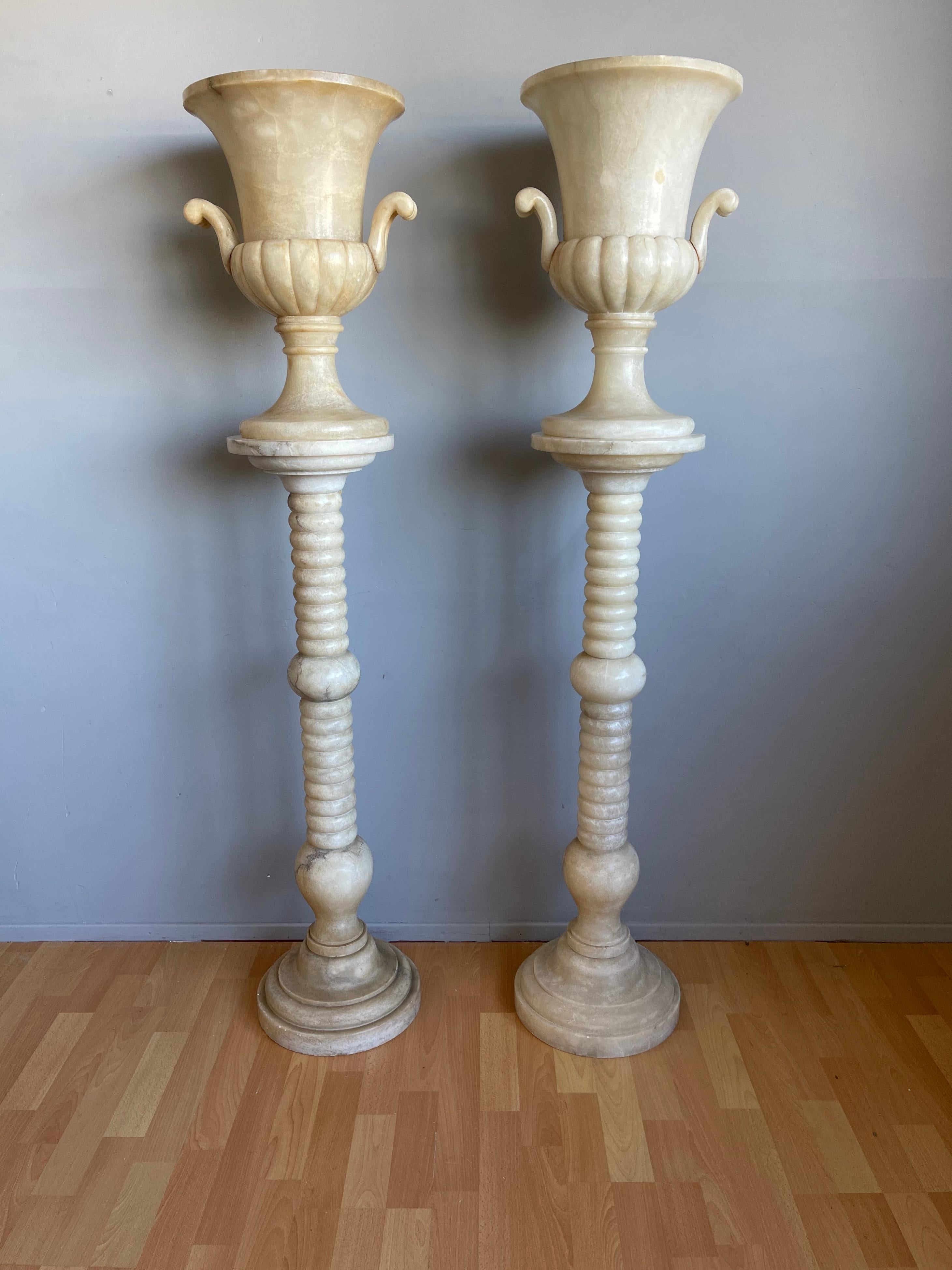 Impressive Pair Extra Large Alabaster Pedestals W. Ornamental Urn Design Vases  For Sale 12