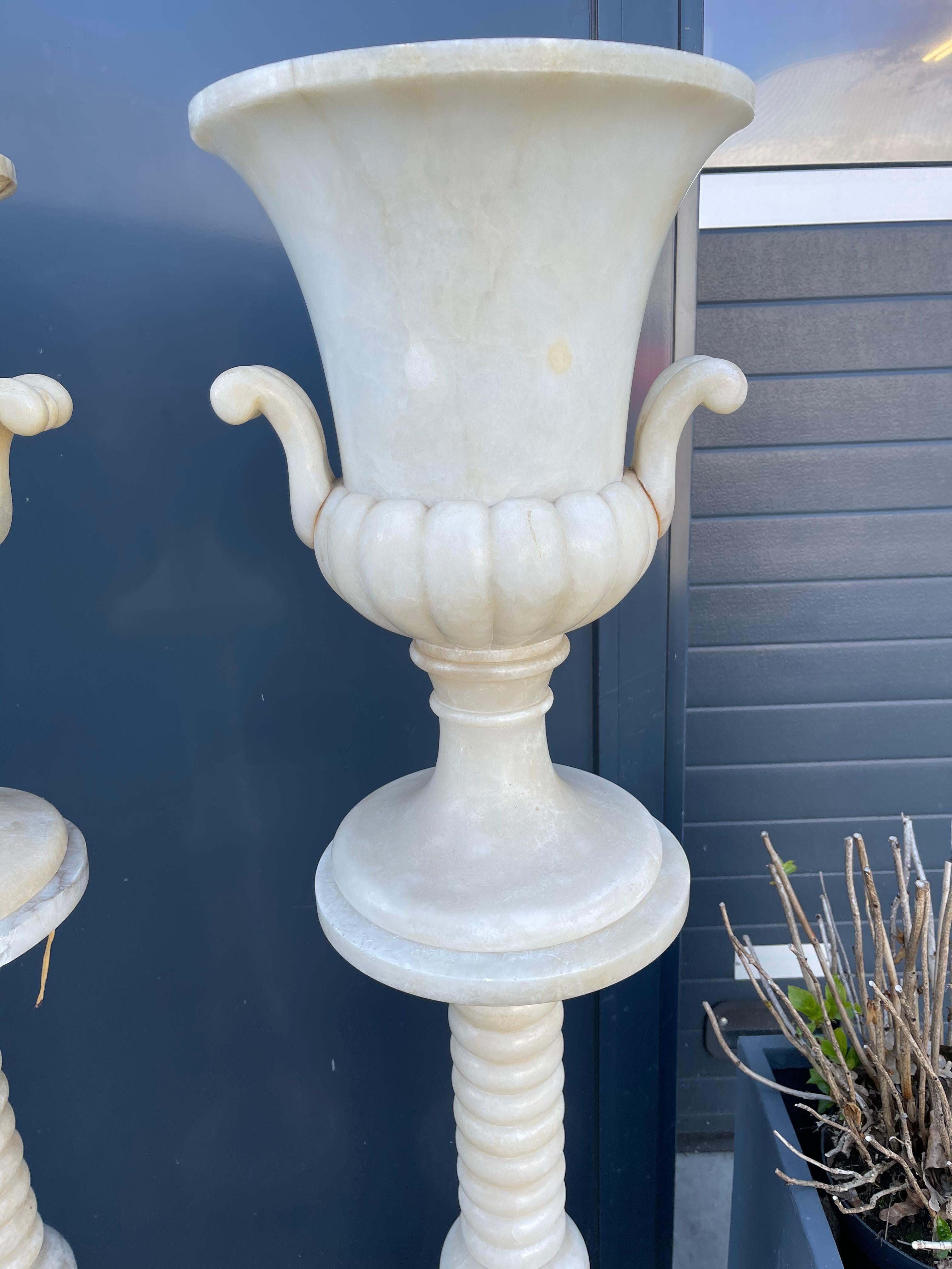Impressive Pair Extra Large Alabaster Pedestals W. Ornamental Urn Design Vases  In Good Condition For Sale In Lisse, NL