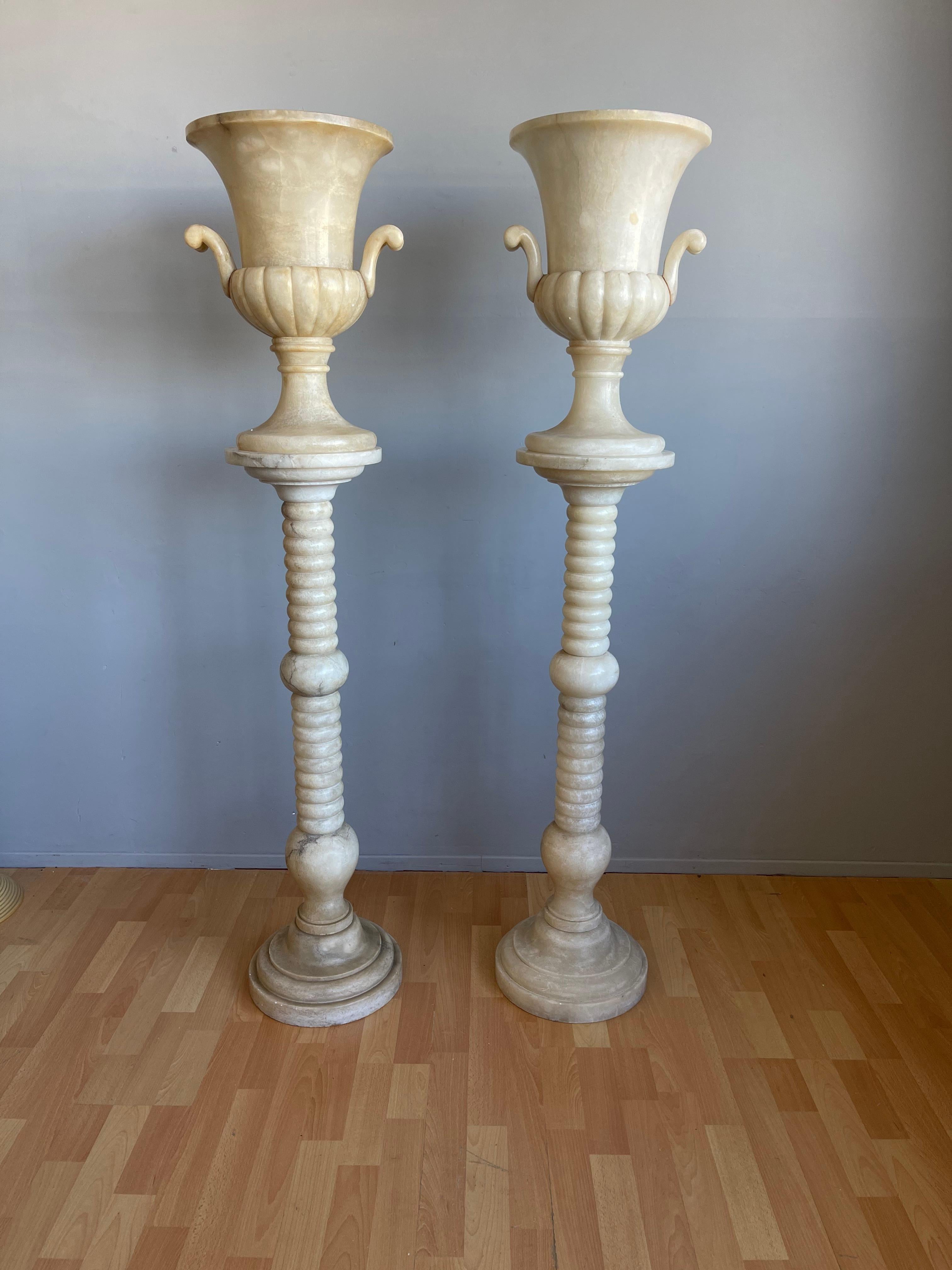 Impressive Pair Extra Large Alabaster Pedestals W. Ornamental Urn Design Vases  For Sale 1