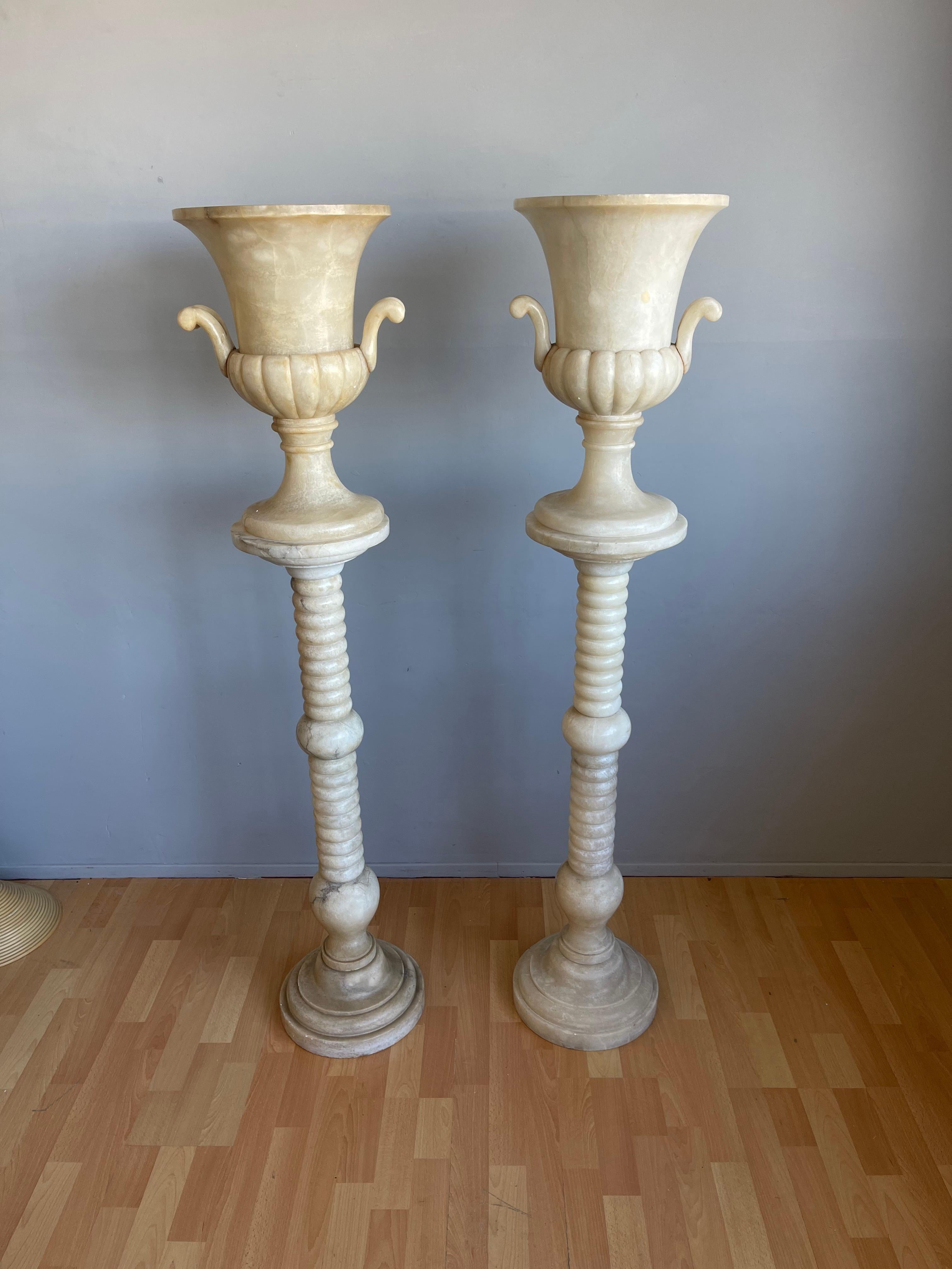 Impressive Pair Extra Large Alabaster Pedestals W. Ornamental Urn Design Vases  For Sale 2