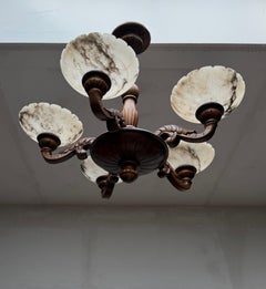 Beautifully Hand Carved wood Chandelier with Striking Alabaster Shade Pendant