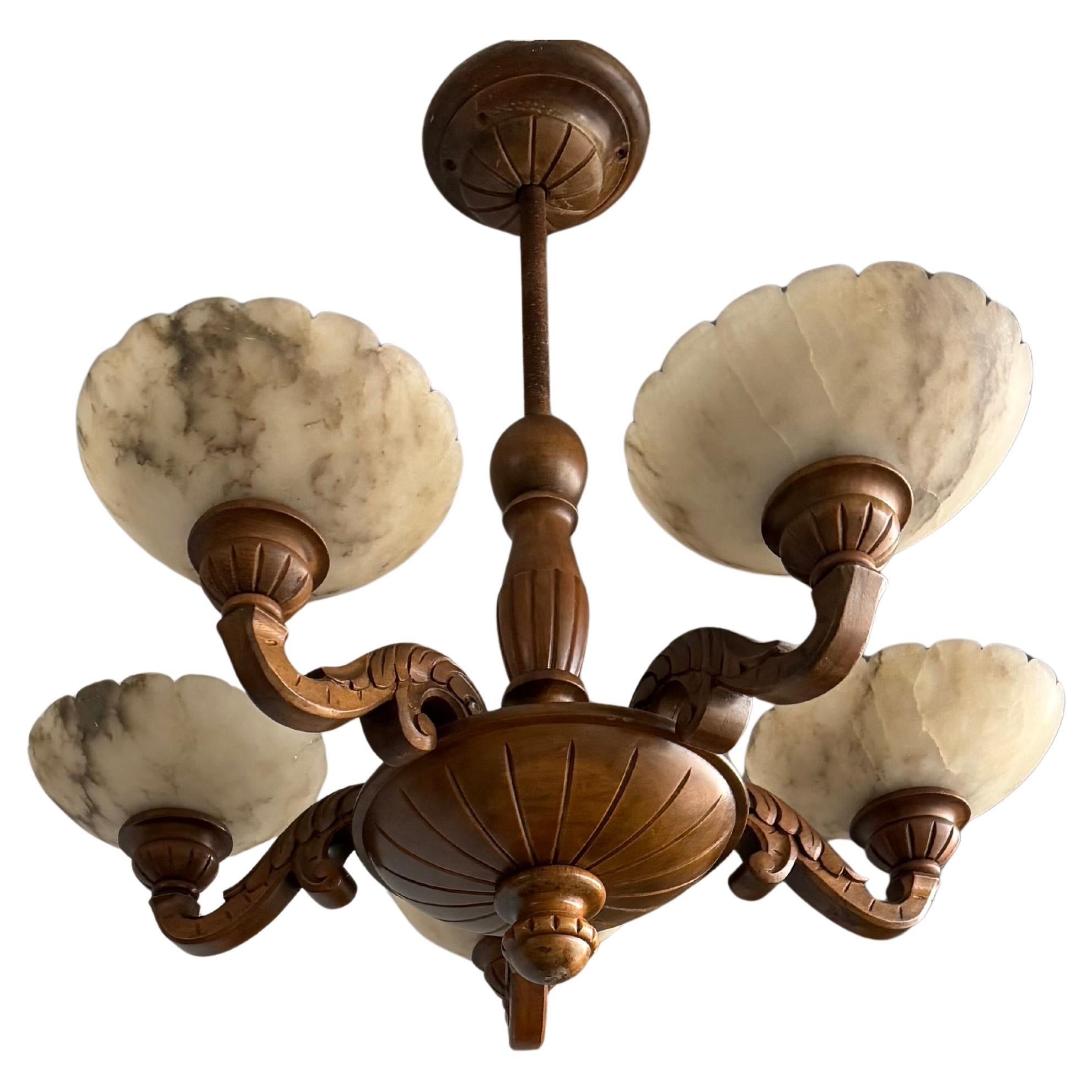 Beautifully Hand Carved wood Chandelier with Striking Alabaster Shade Pendant