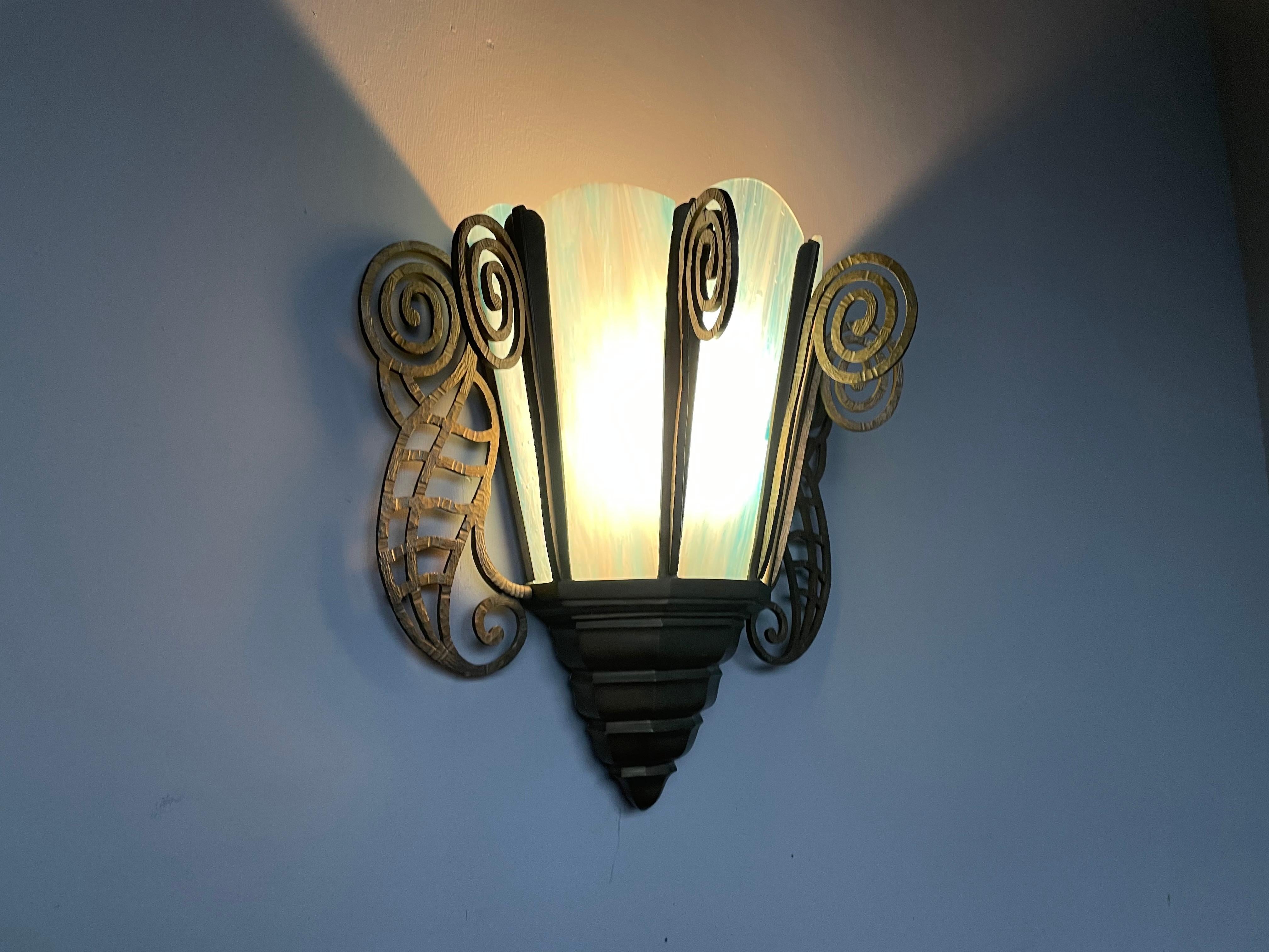 Beautifully Hand-Crafted, Large Art Nouveau Style Bronze & Art Glass Wall Sconce 7