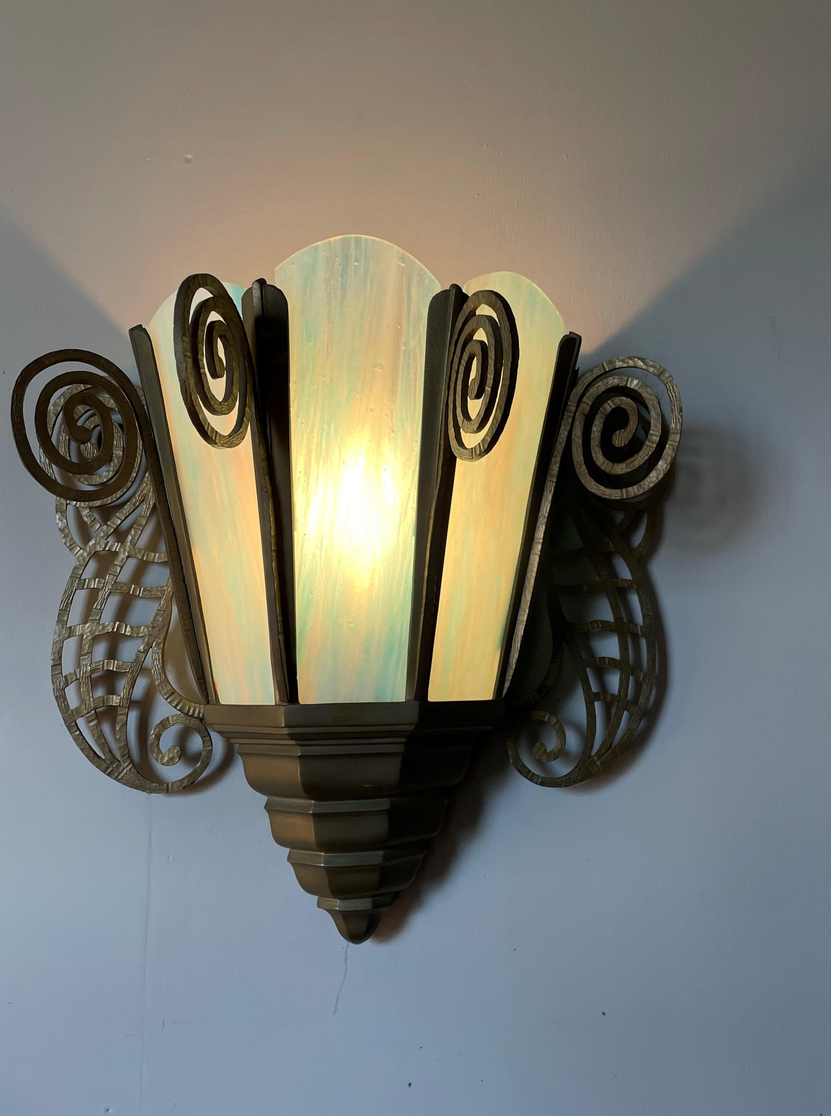 Beautifully Hand-Crafted, Large Art Nouveau Style Bronze & Art Glass Wall Sconce For Sale 9