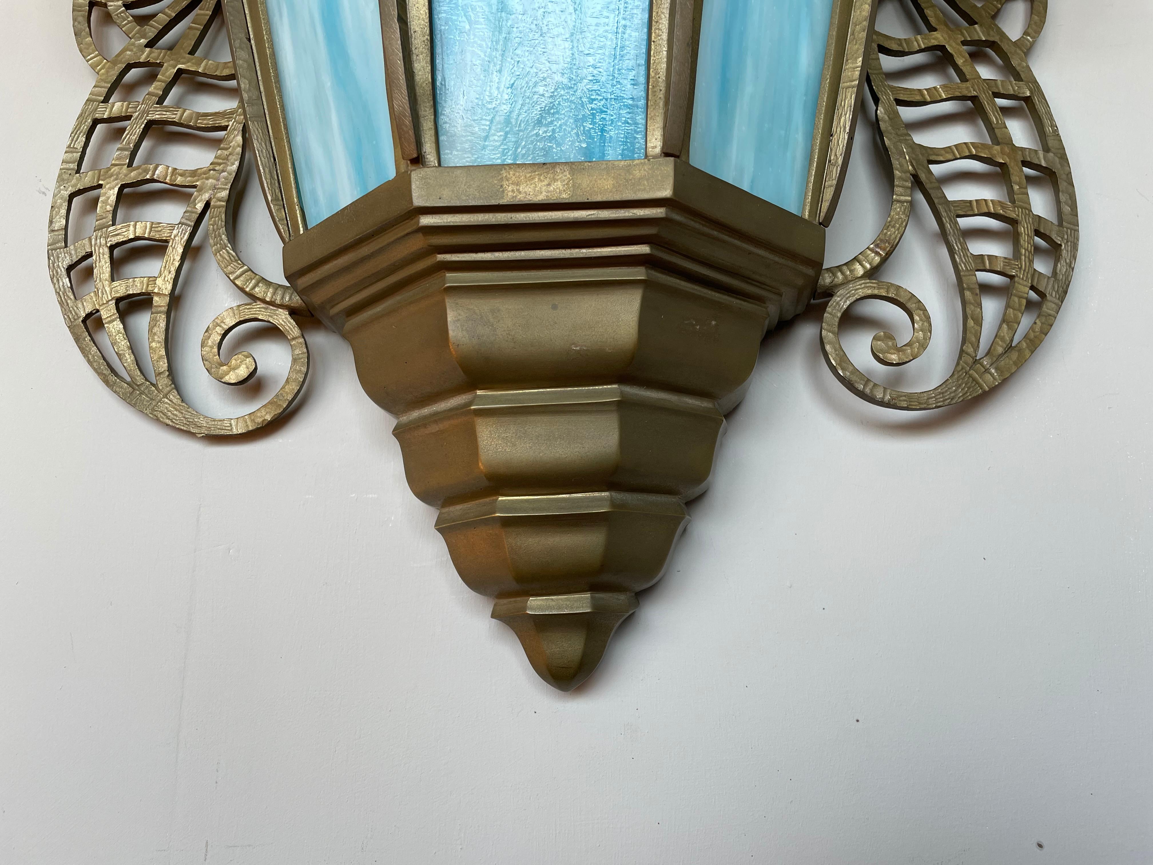 Beautifully Hand-Crafted, Large Art Nouveau Style Bronze & Art Glass Wall Sconce For Sale 11