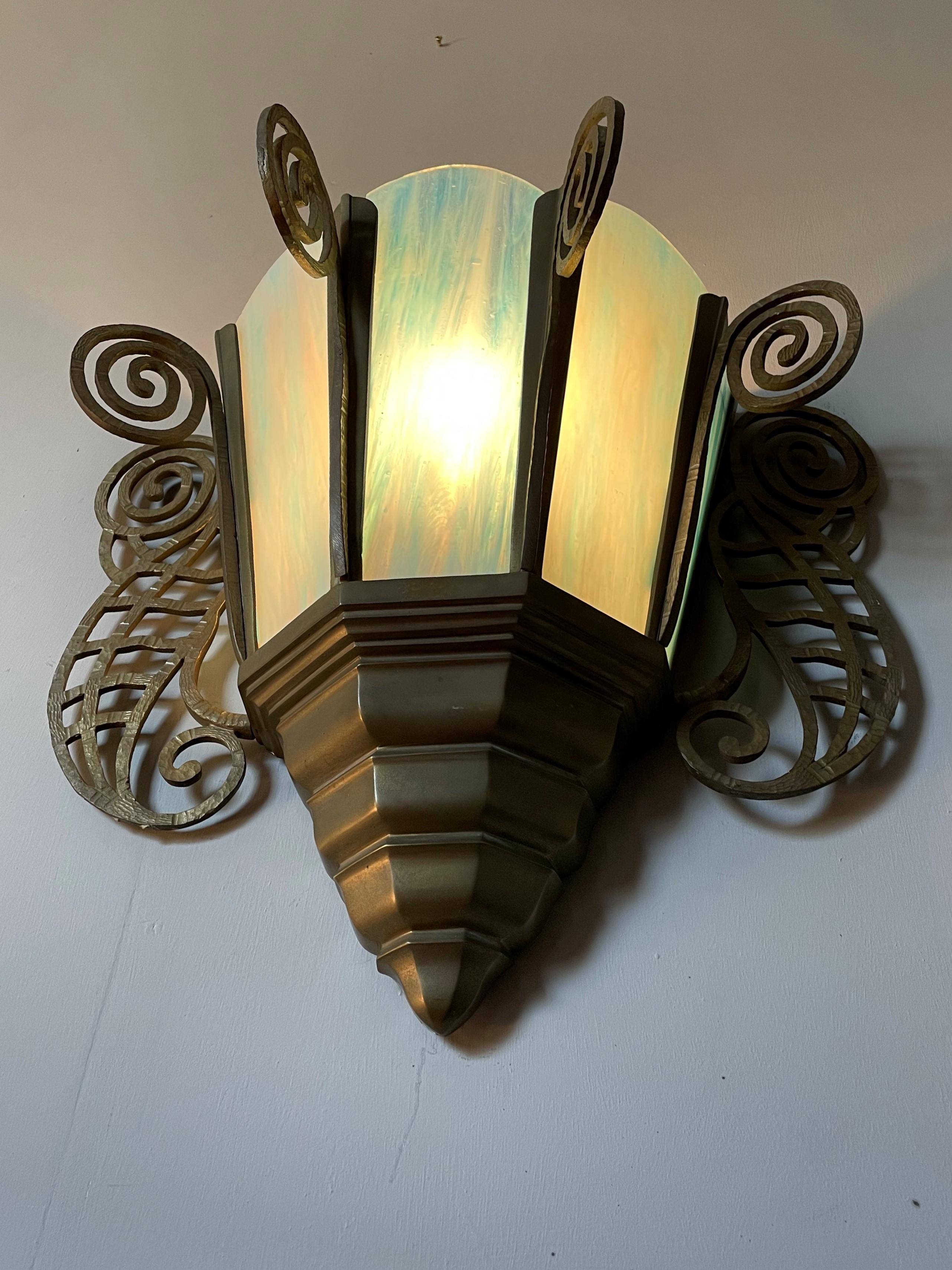Beautifully Hand-Crafted, Large Art Nouveau Style Bronze & Art Glass Wall Sconce For Sale 12