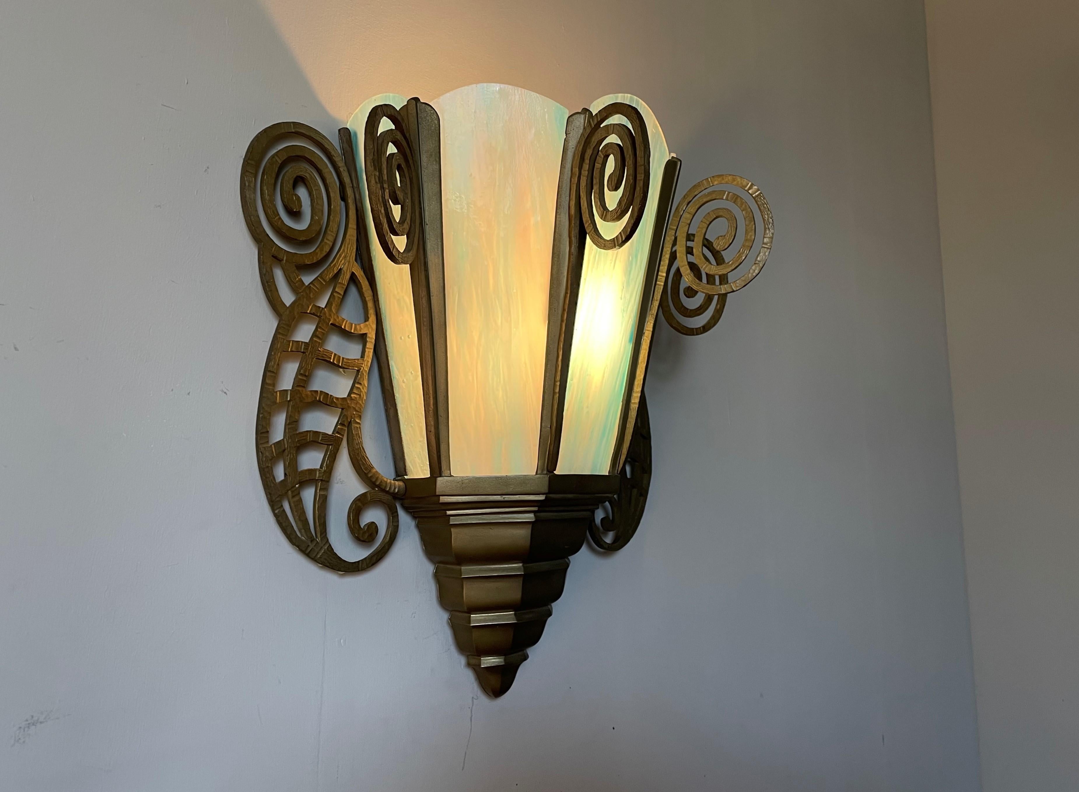 European Beautifully Hand-Crafted, Large Art Nouveau Style Bronze & Art Glass Wall Sconce For Sale