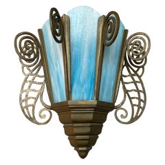 Vintage Beautifully Hand-Crafted, Large Art Nouveau Style Bronze & Art Glass Wall Sconce