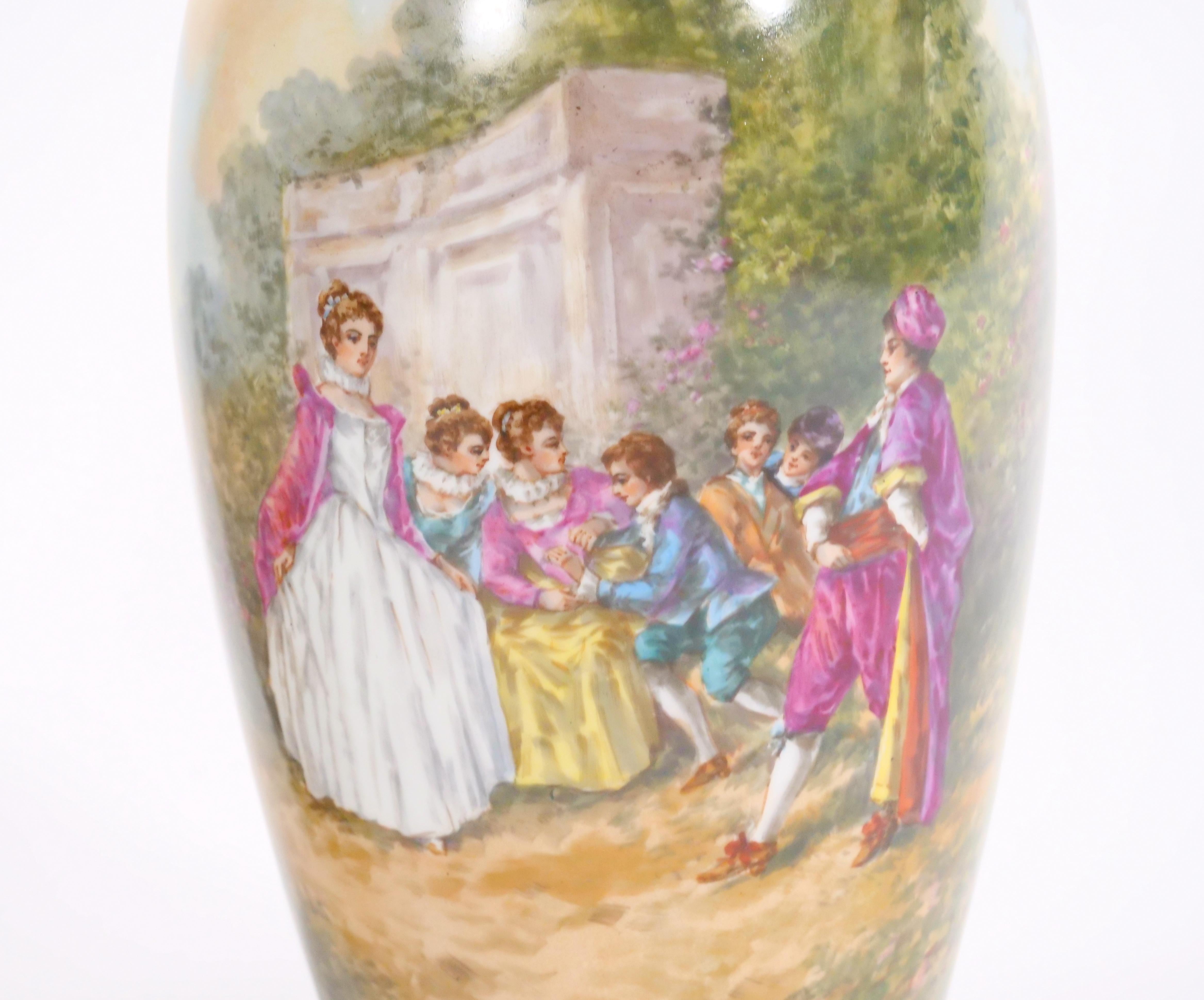 Beautifully Hand Painted & Decorated Gilt Gold Scene Detail Decorative Pair Vase For Sale 4