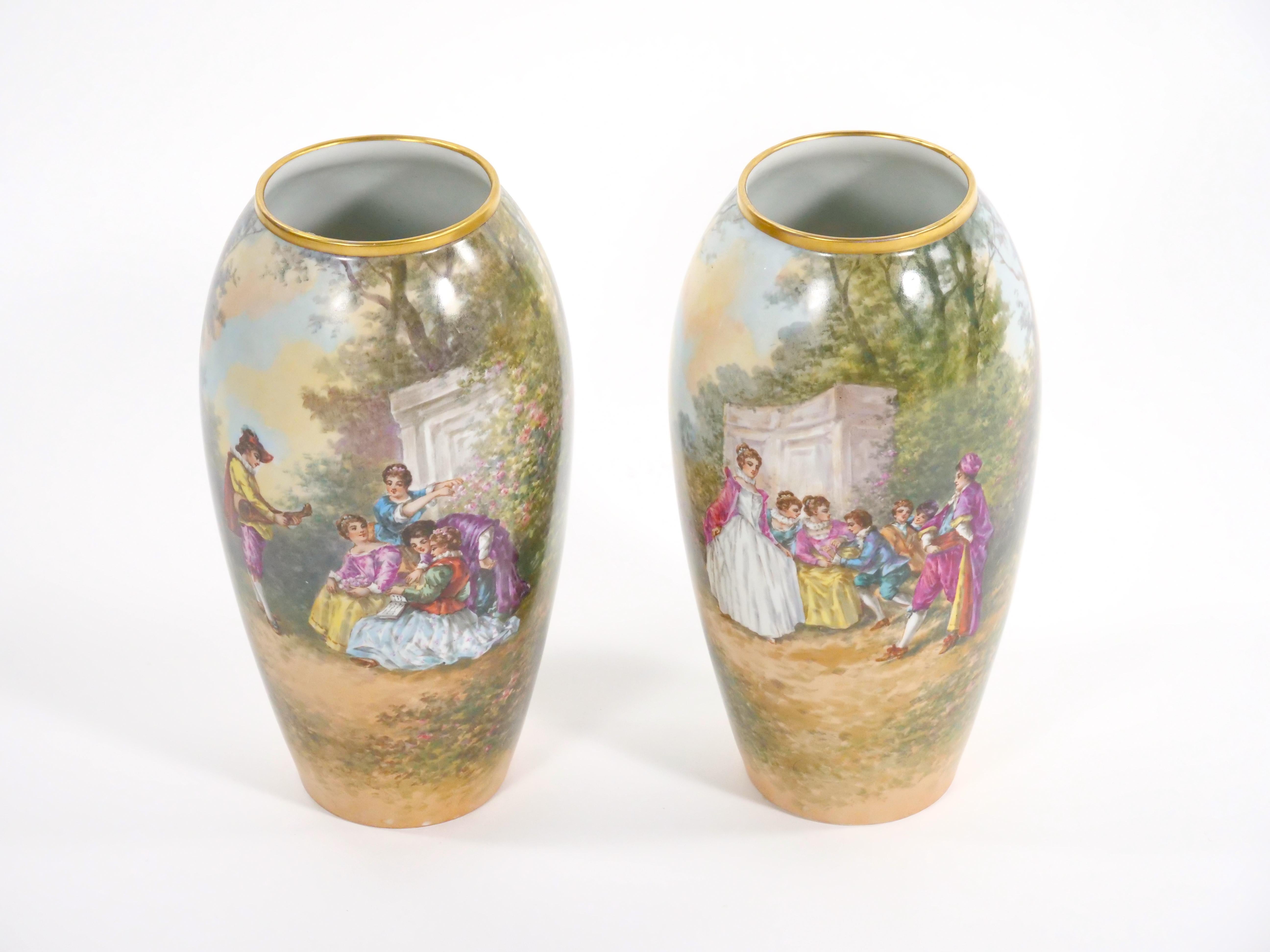 Victorian Beautifully Hand Painted & Decorated Gilt Gold Scene Detail Decorative Pair Vase For Sale