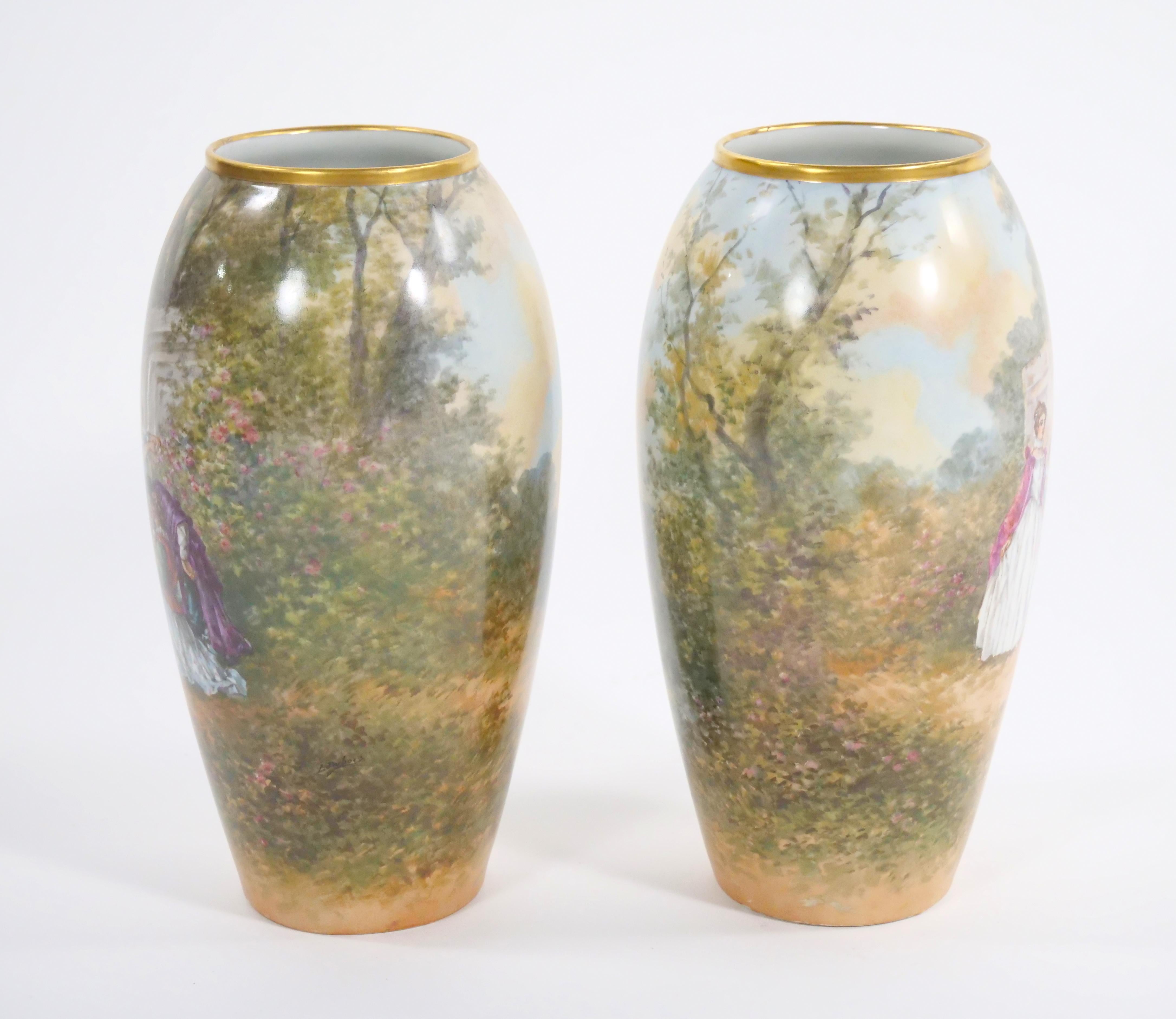 French Beautifully Hand Painted & Decorated Gilt Gold Scene Detail Decorative Pair Vase For Sale