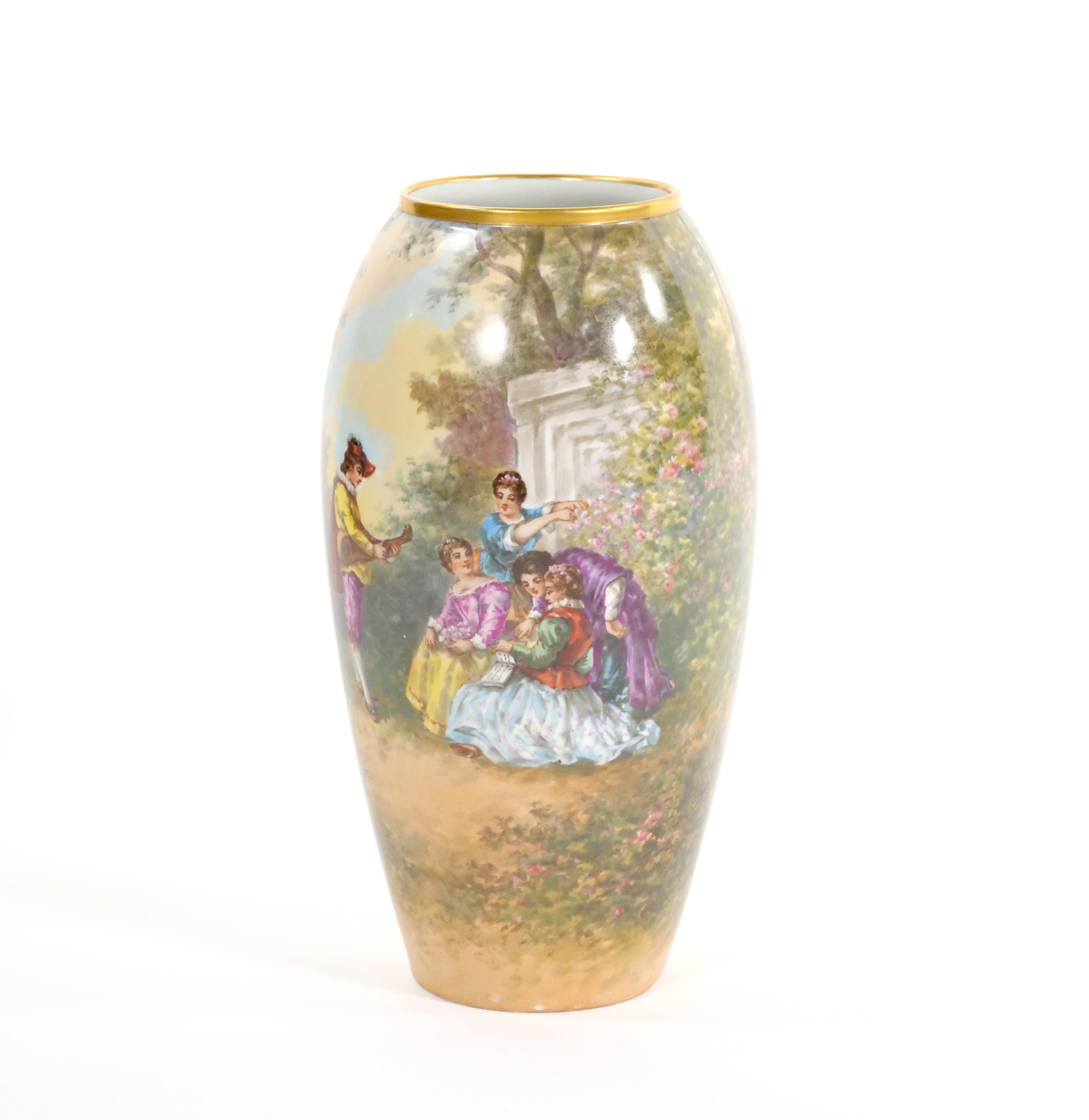 20th Century Beautifully Hand Painted & Decorated Gilt Gold Scene Detail Decorative Pair Vase For Sale