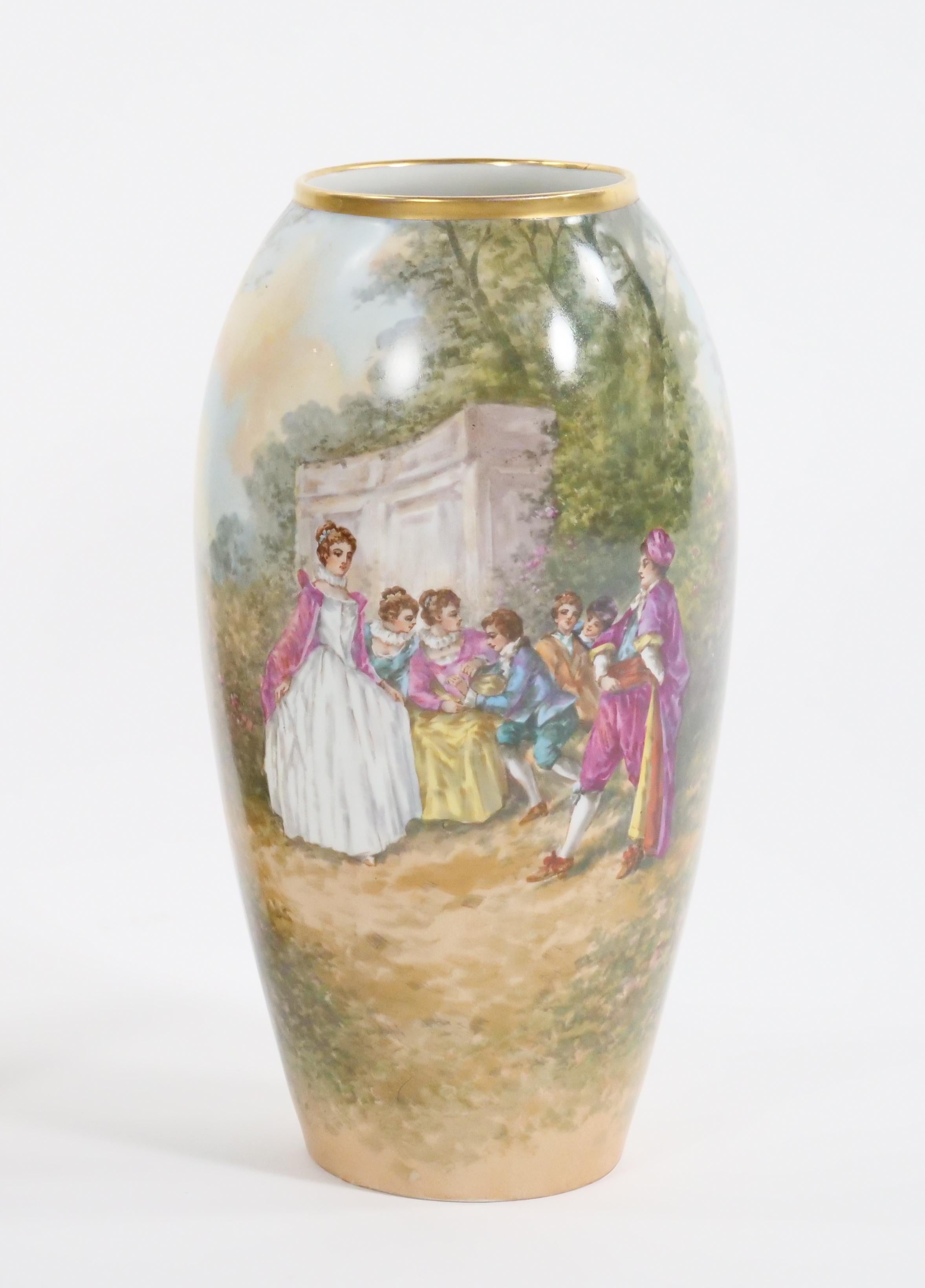 Beautifully Hand Painted & Decorated Gilt Gold Scene Detail Decorative Pair Vase For Sale 1