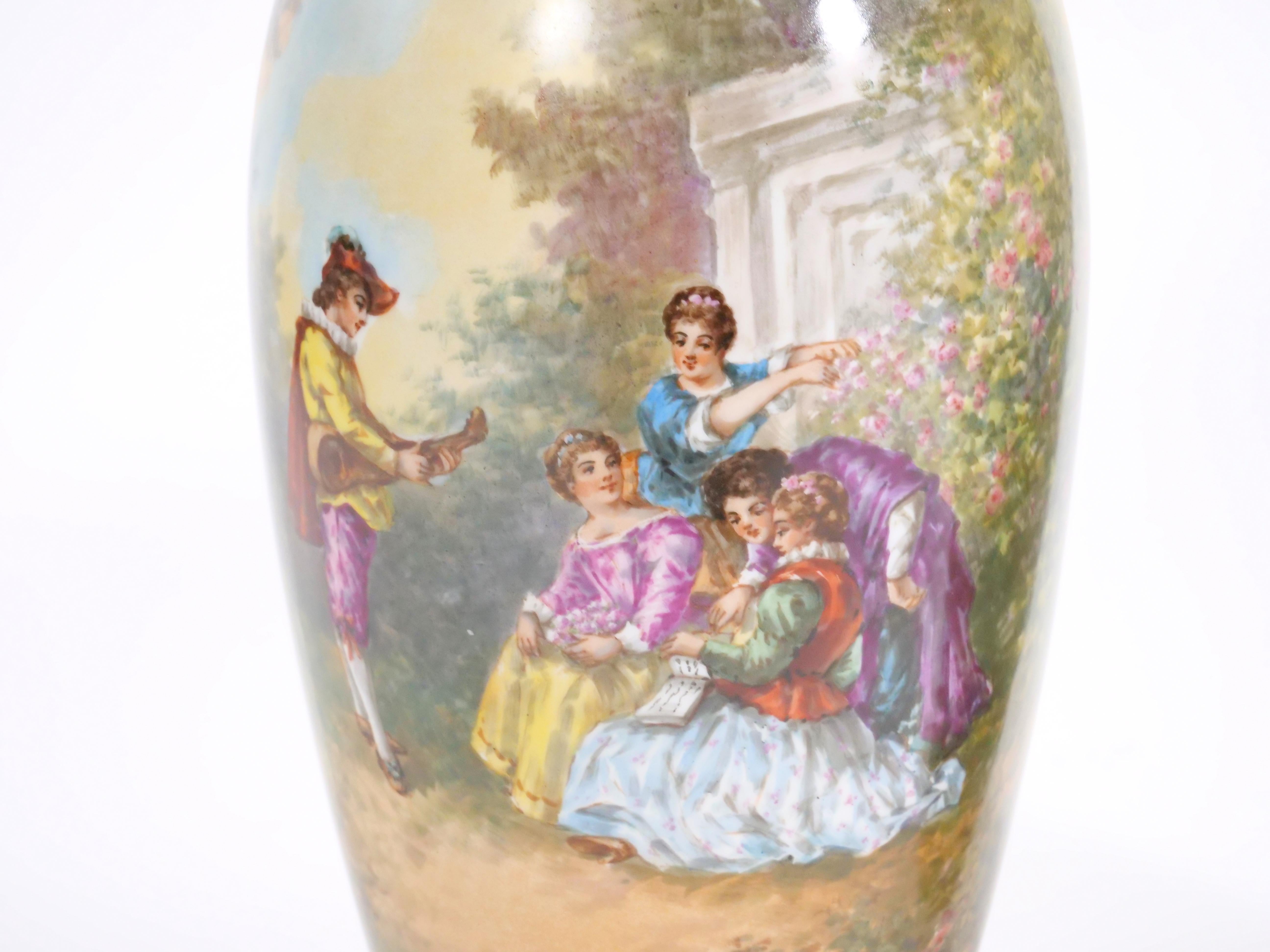 Beautifully Hand Painted & Decorated Gilt Gold Scene Detail Decorative Pair Vase For Sale 3
