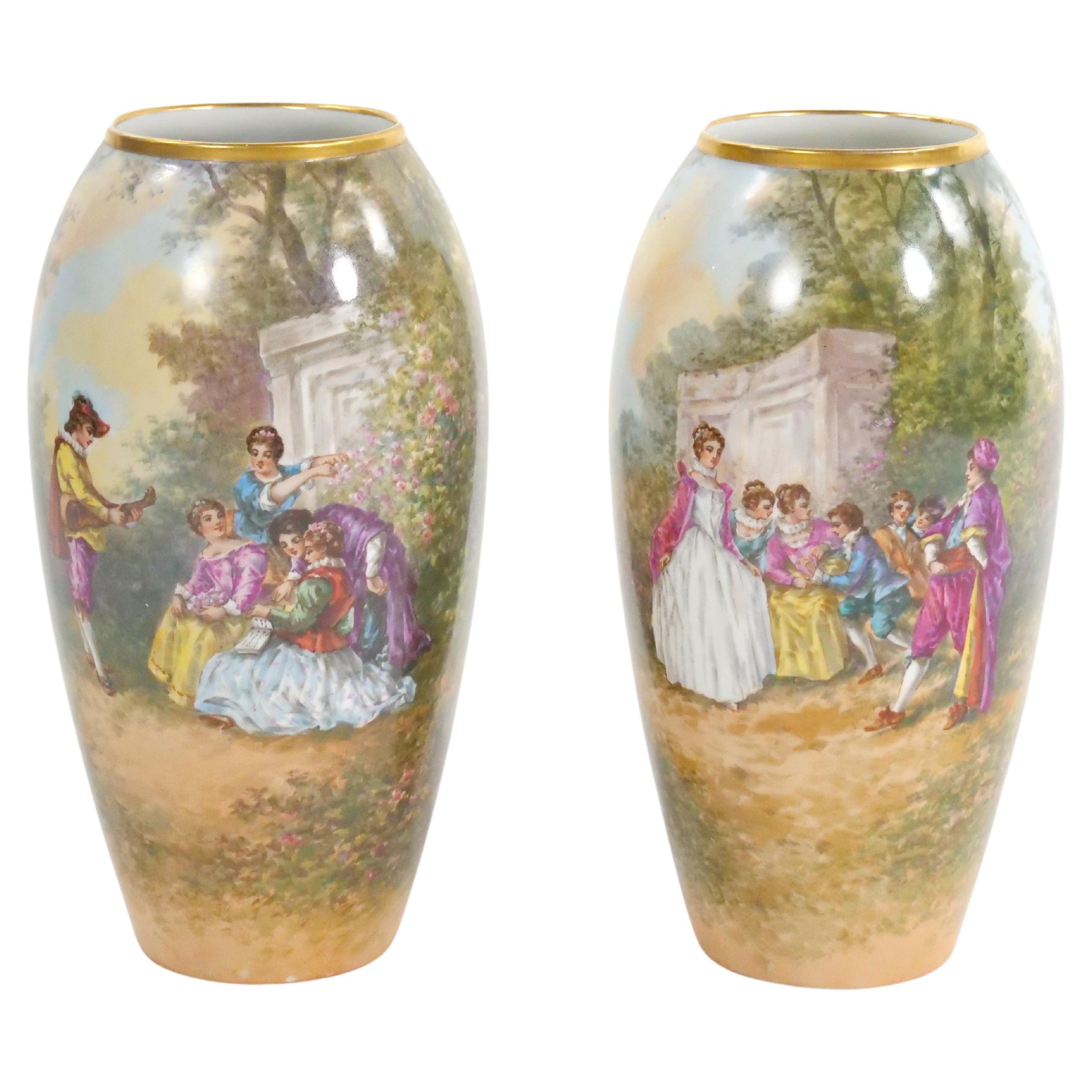 Beautifully Hand Painted & Decorated Gilt Gold Scene Detail Decorative Pair Vase For Sale