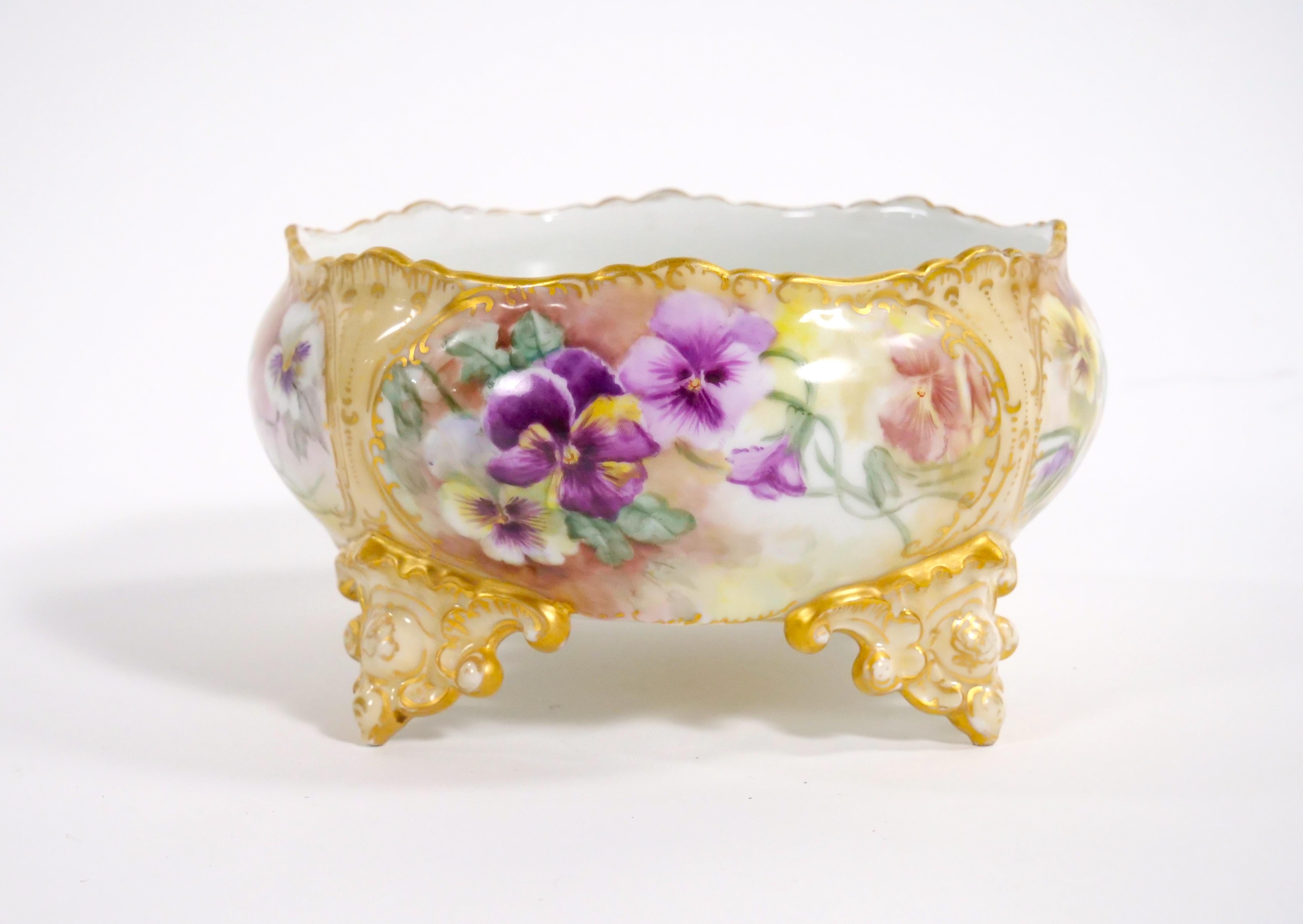 Beautifully Hand Painted / Gilt  French Porcelain Footed Centerpiece Bowl For Sale 4