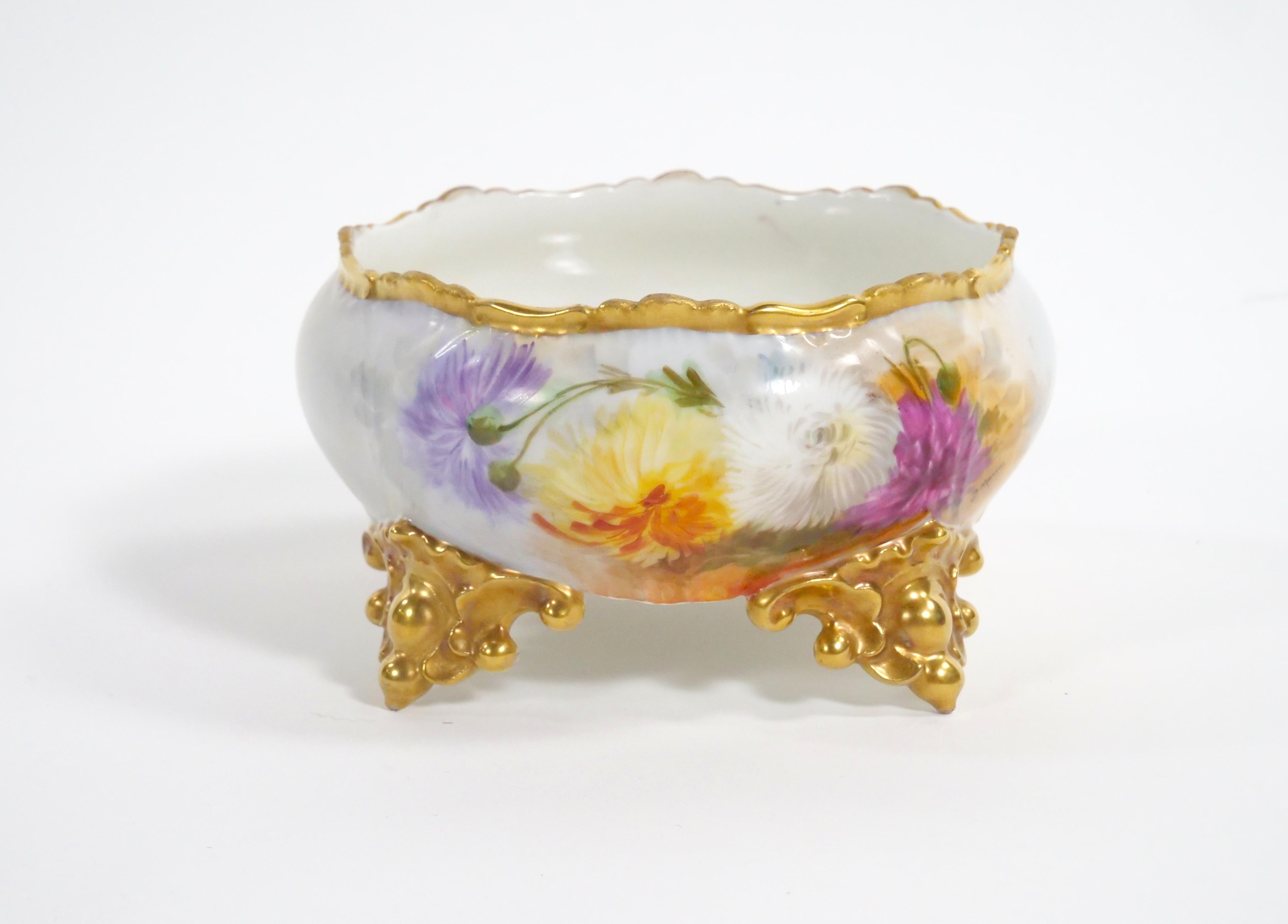 Beautifully Hand Painted / Gilt  French Porcelain Footed Centerpiece Bowl For Sale 5