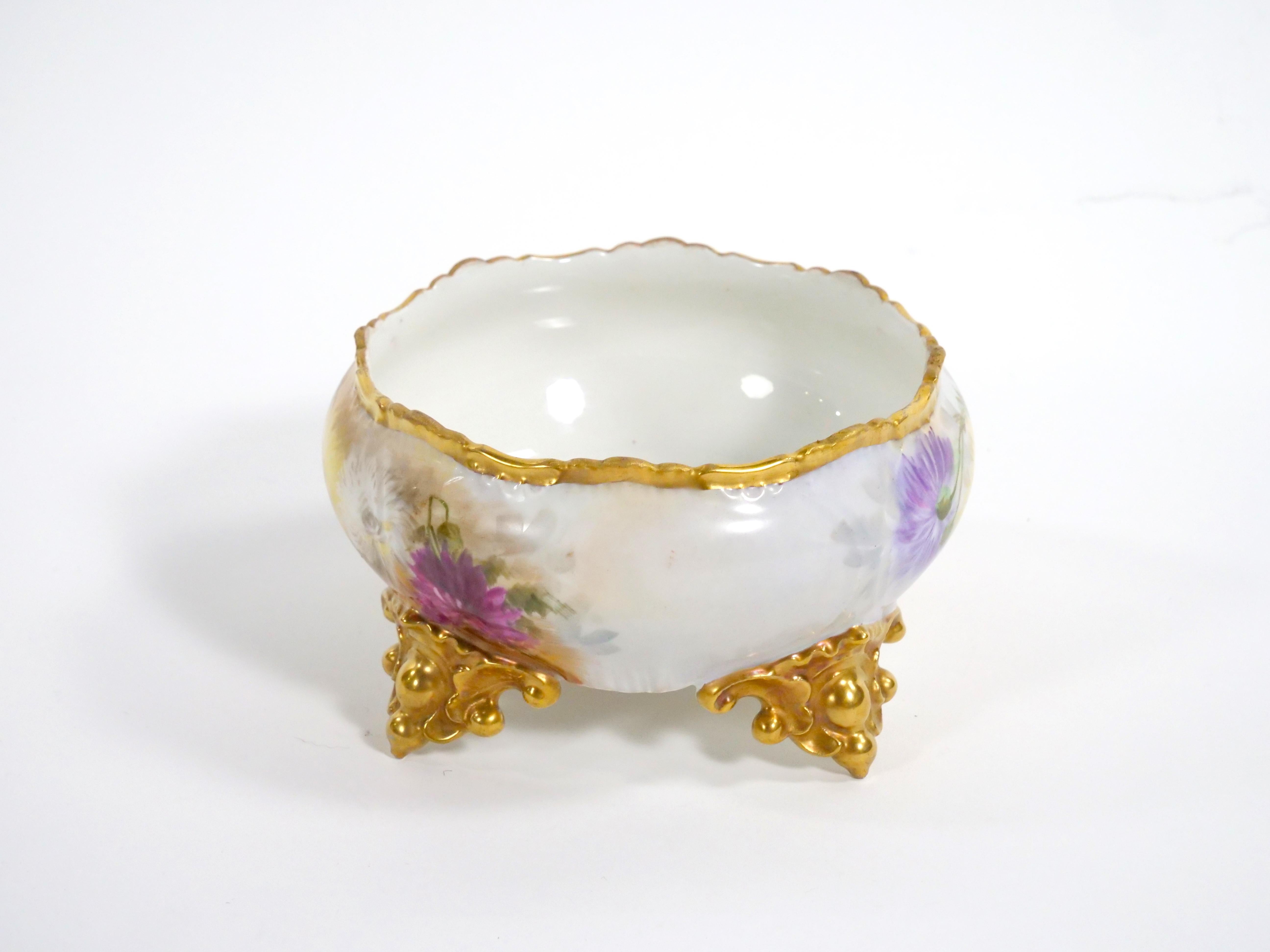 Beautifully Hand Painted / Gilt  French Porcelain Footed Centerpiece Bowl In Good Condition For Sale In Tarry Town, NY