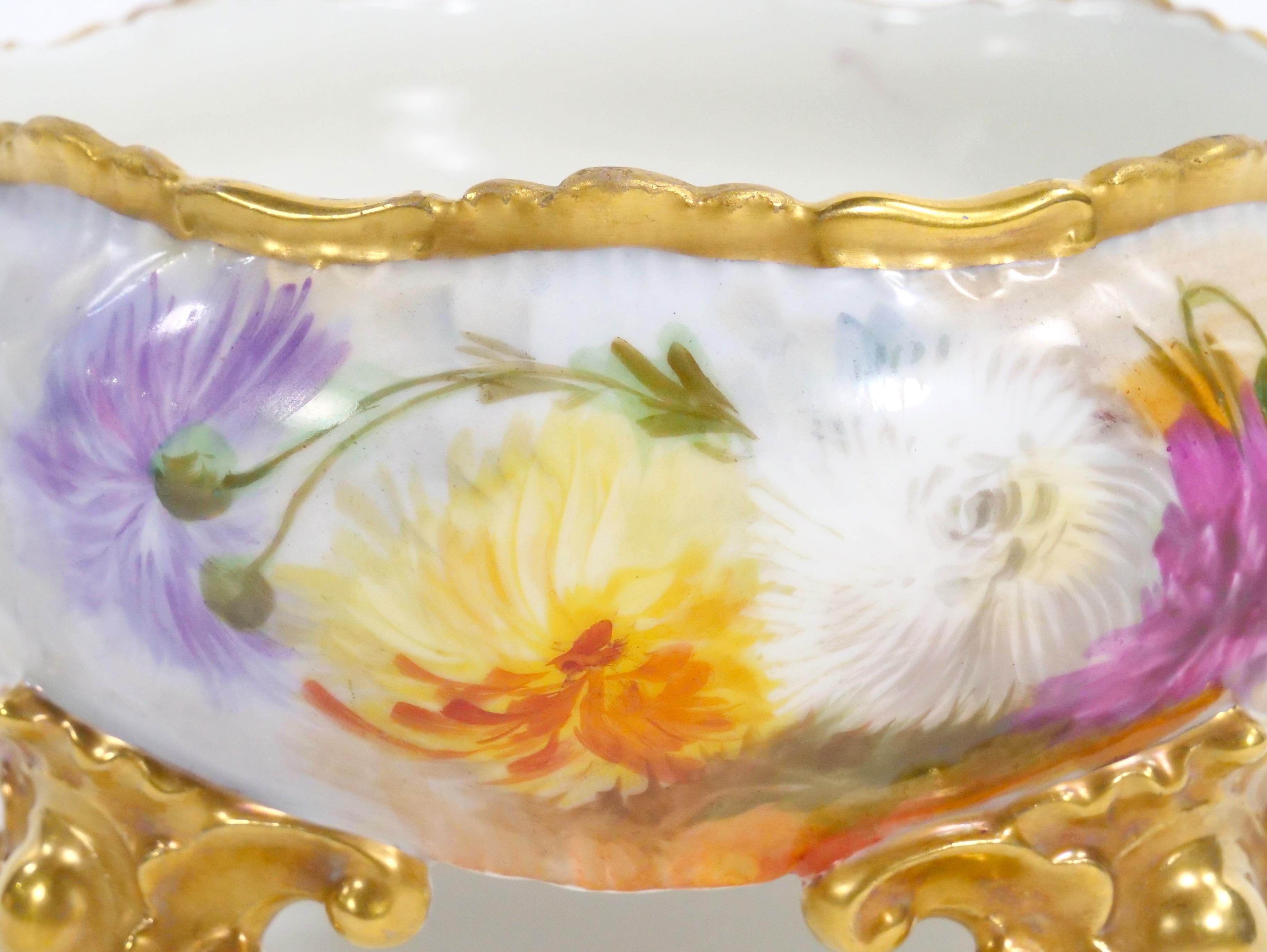 Gold Beautifully Hand Painted / Gilt  French Porcelain Footed Centerpiece Bowl For Sale