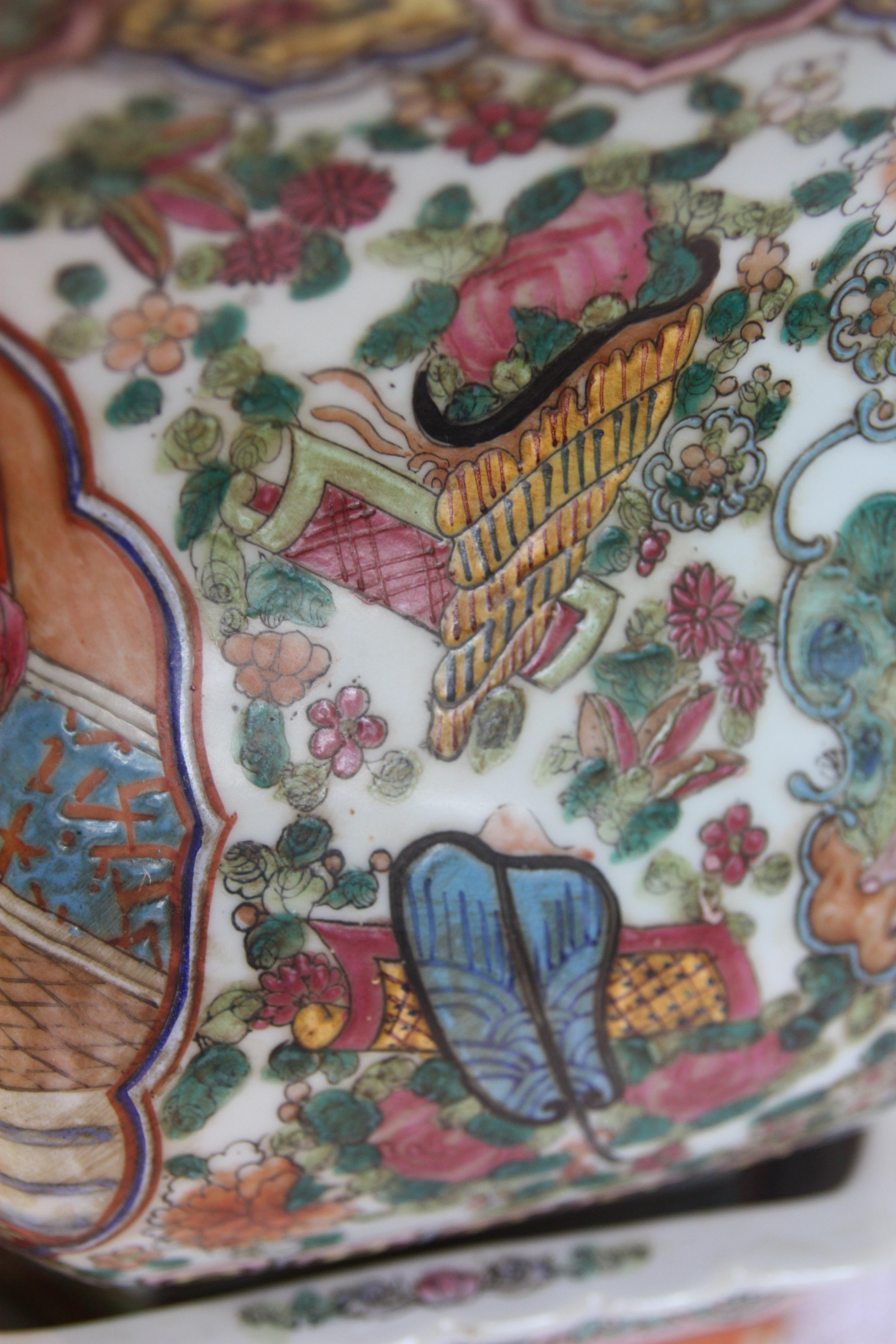 Asian Beautifully Hand-Painted Octagonal Jardinière with Plate