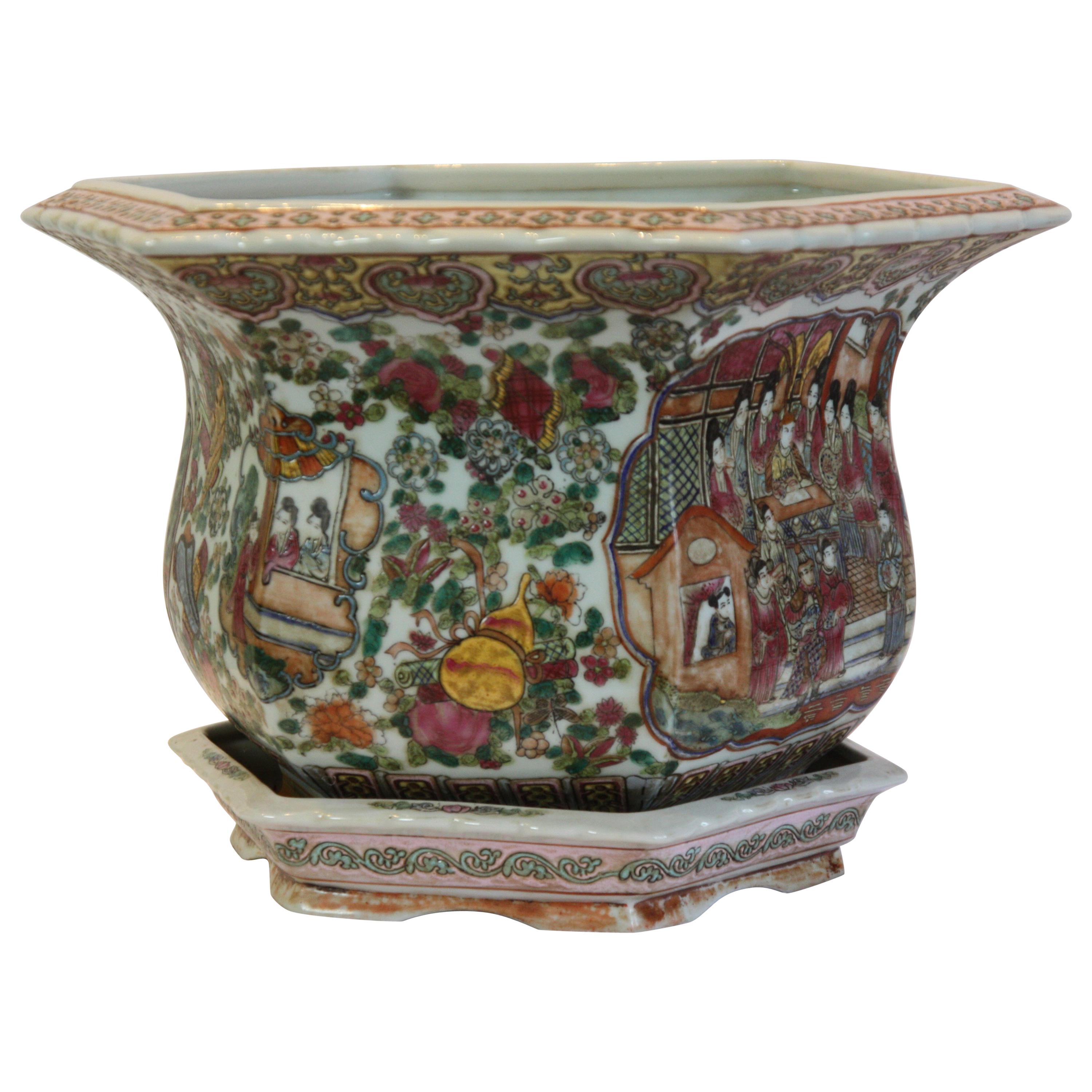 Beautifully Hand-Painted Octagonal Jardinière with Plate