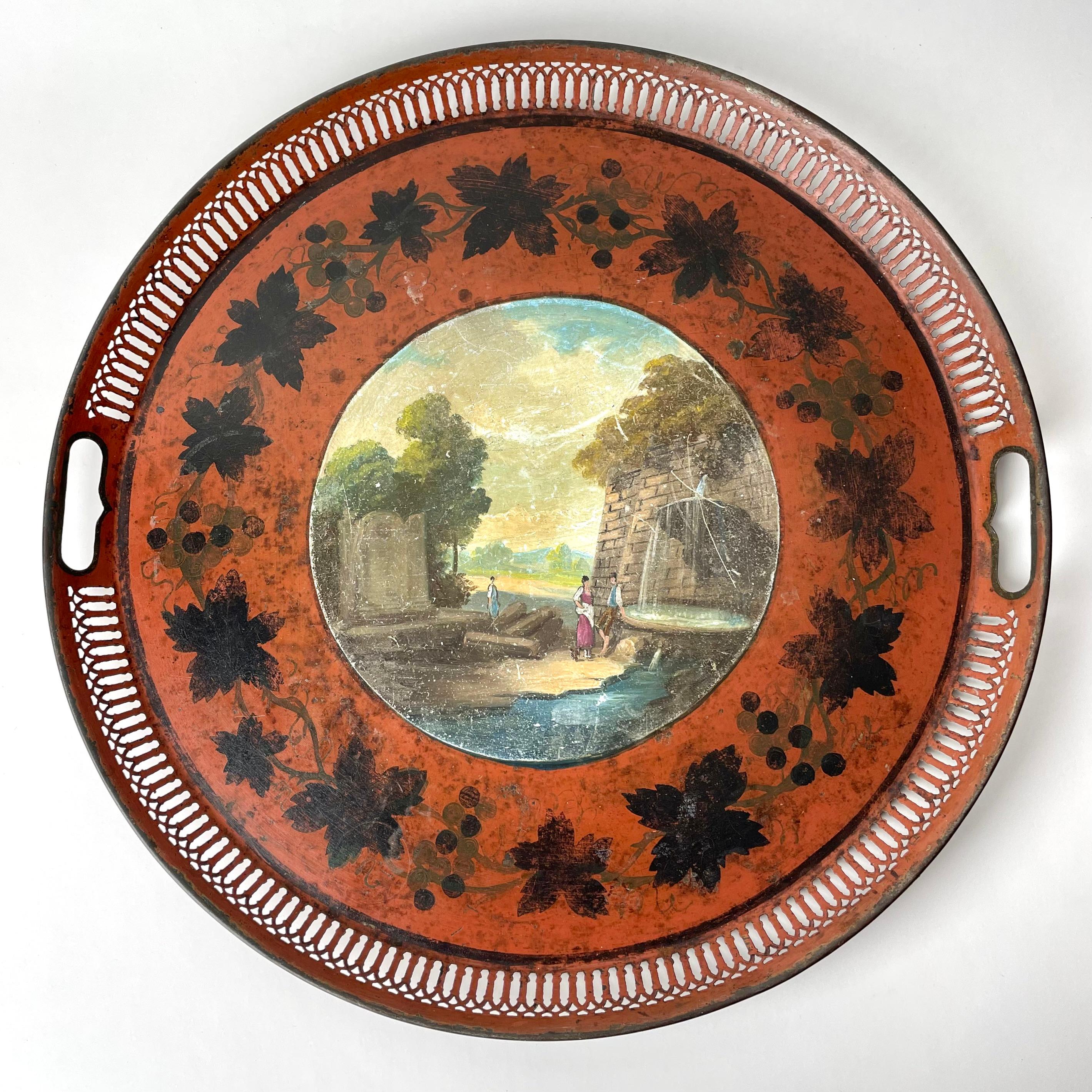 Beautifully handpainted tray in sheet metal with much patina from early 19th Century. Decorated with leaves and classic exterior from Italy or France.

Wear consistent with age and use 