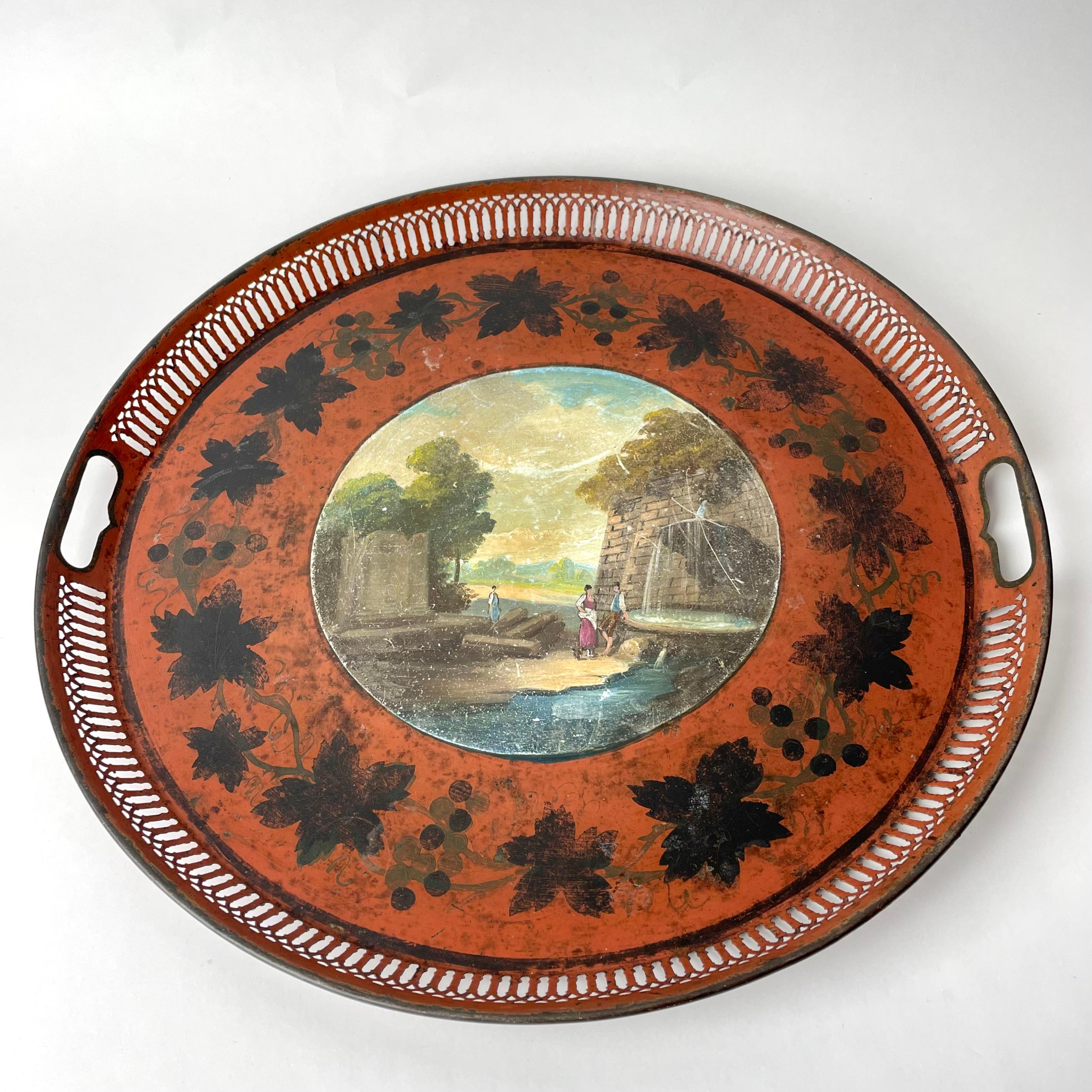 European Beautifully handpainted tray with patina from early 19th Century