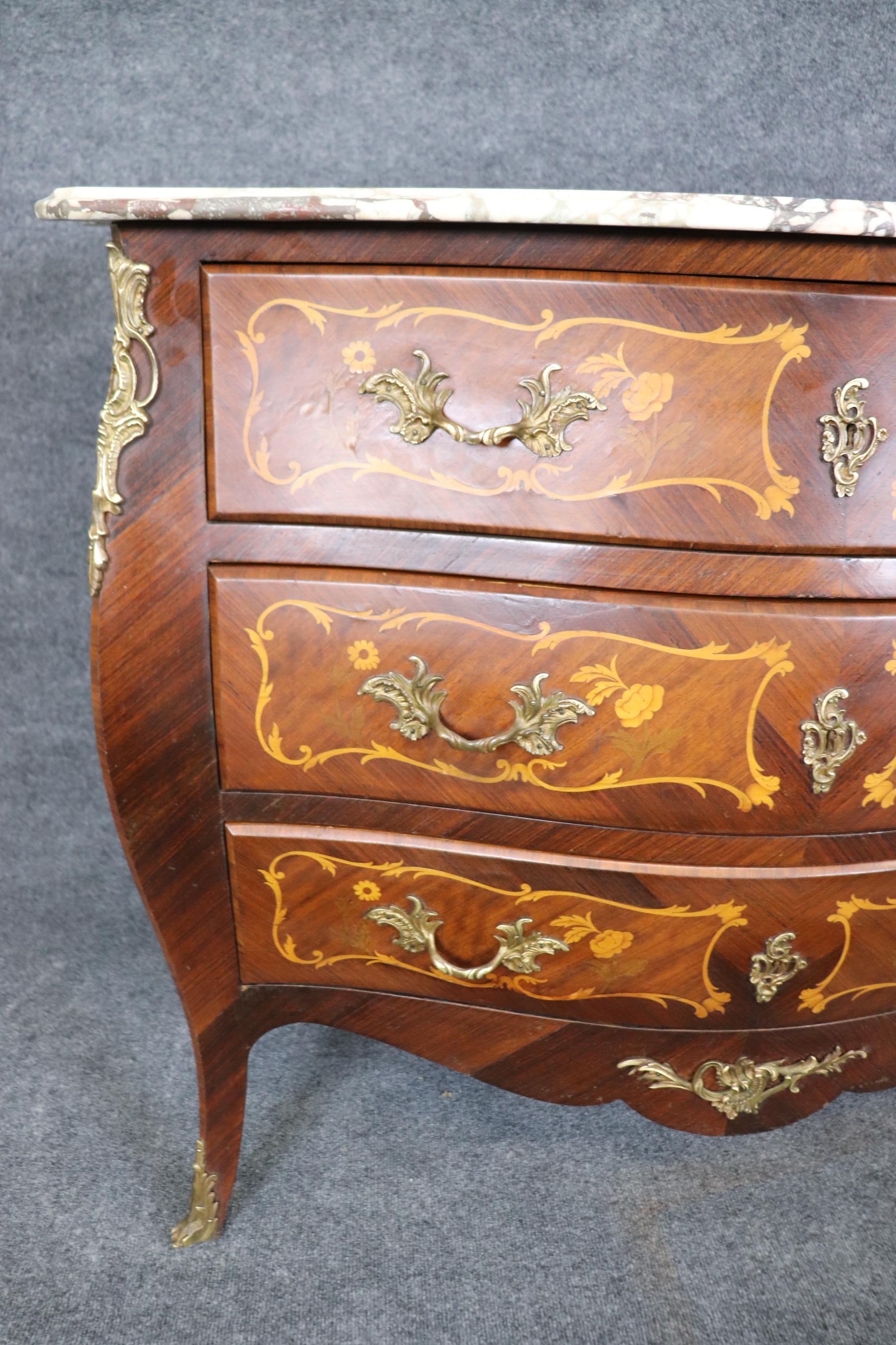 Beautifully Inlaid French Bronze Mounted Marble Top Bombe Commode For Sale 8