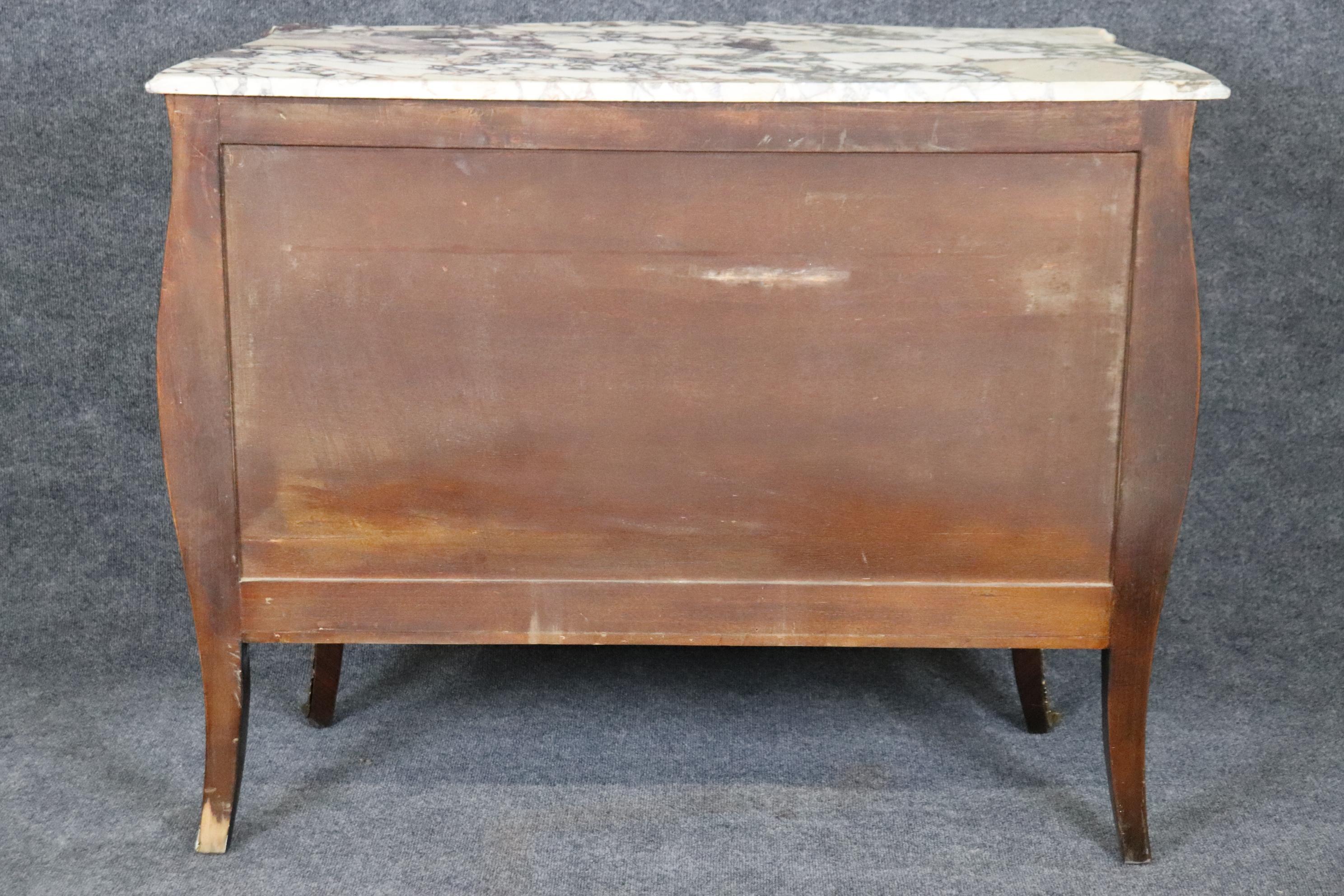 Beautifully Inlaid French Bronze Mounted Marble Top Bombe Commode For Sale 9