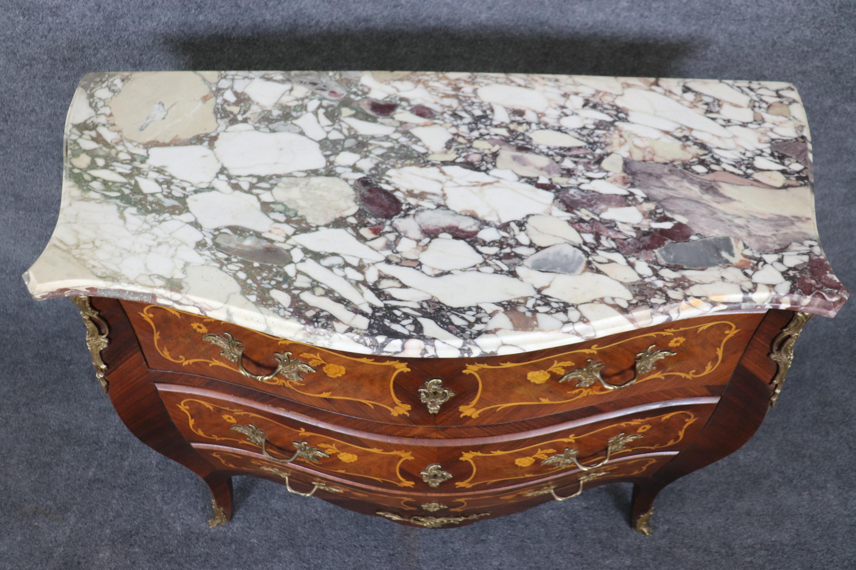 Louis XV Beautifully Inlaid French Bronze Mounted Marble Top Bombe Commode For Sale