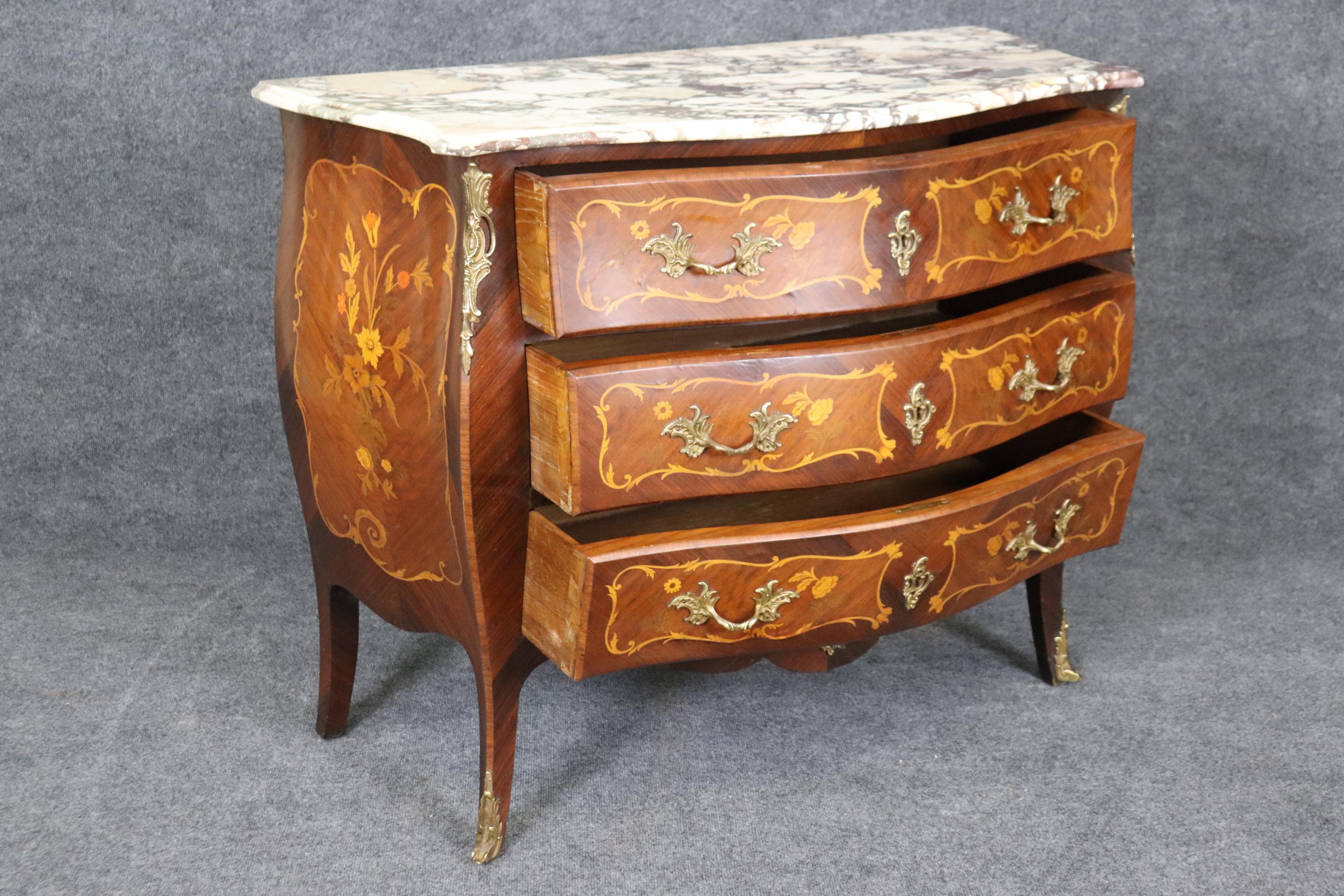 Beautifully Inlaid French Bronze Mounted Marble Top Bombe Commode For Sale 1