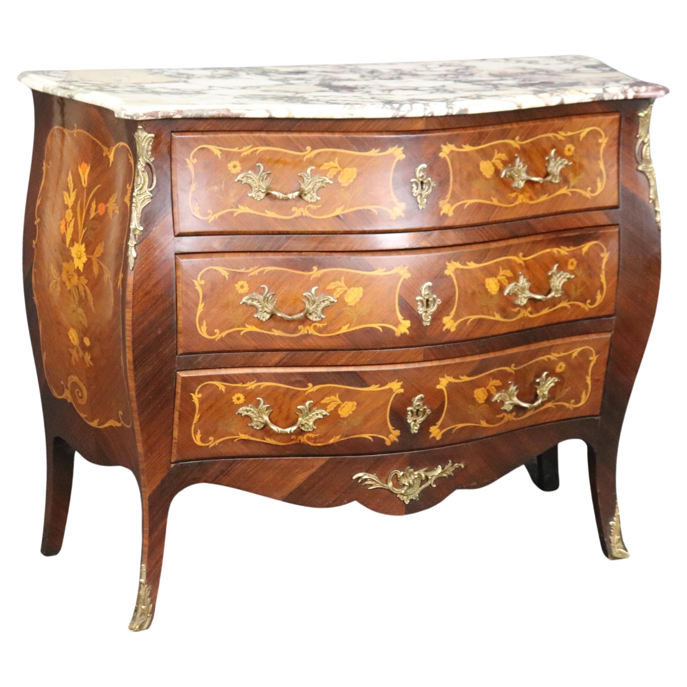 Beautifully Inlaid French Bronze Mounted Marble Top Bombe Commode For Sale