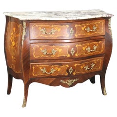 Beautifully Inlaid French Bronze Mounted Marble Top Bombe Commode