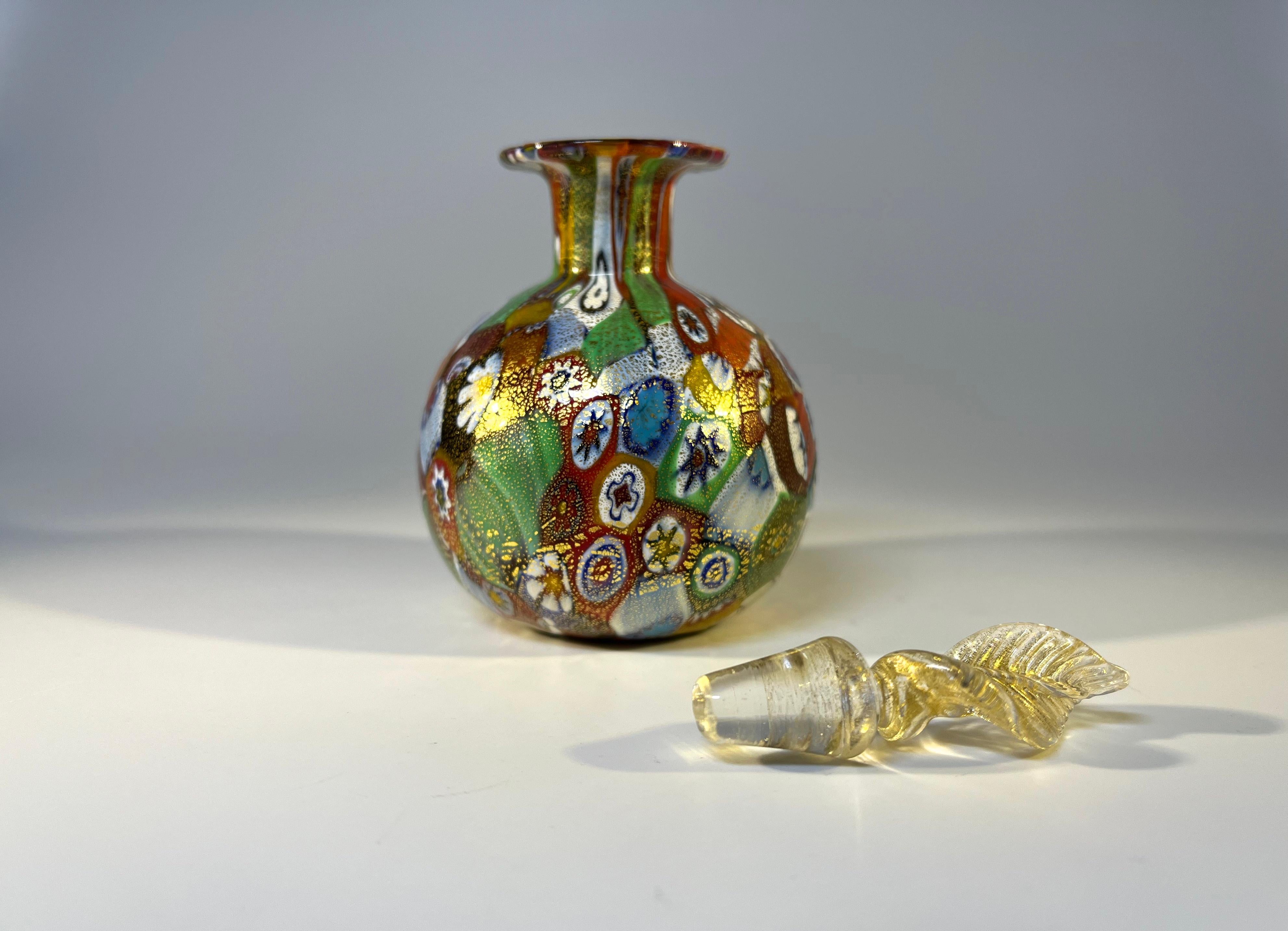 Italian Intricate Millefiori, Venetian Glass Perfume Bottle Murano Mid-20th Century