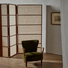 Beautifully Joined Teak and Nettle Cloth Folding Screen
