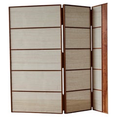 Beautifully Joined Teak and Nettle Cloth Folding Screen