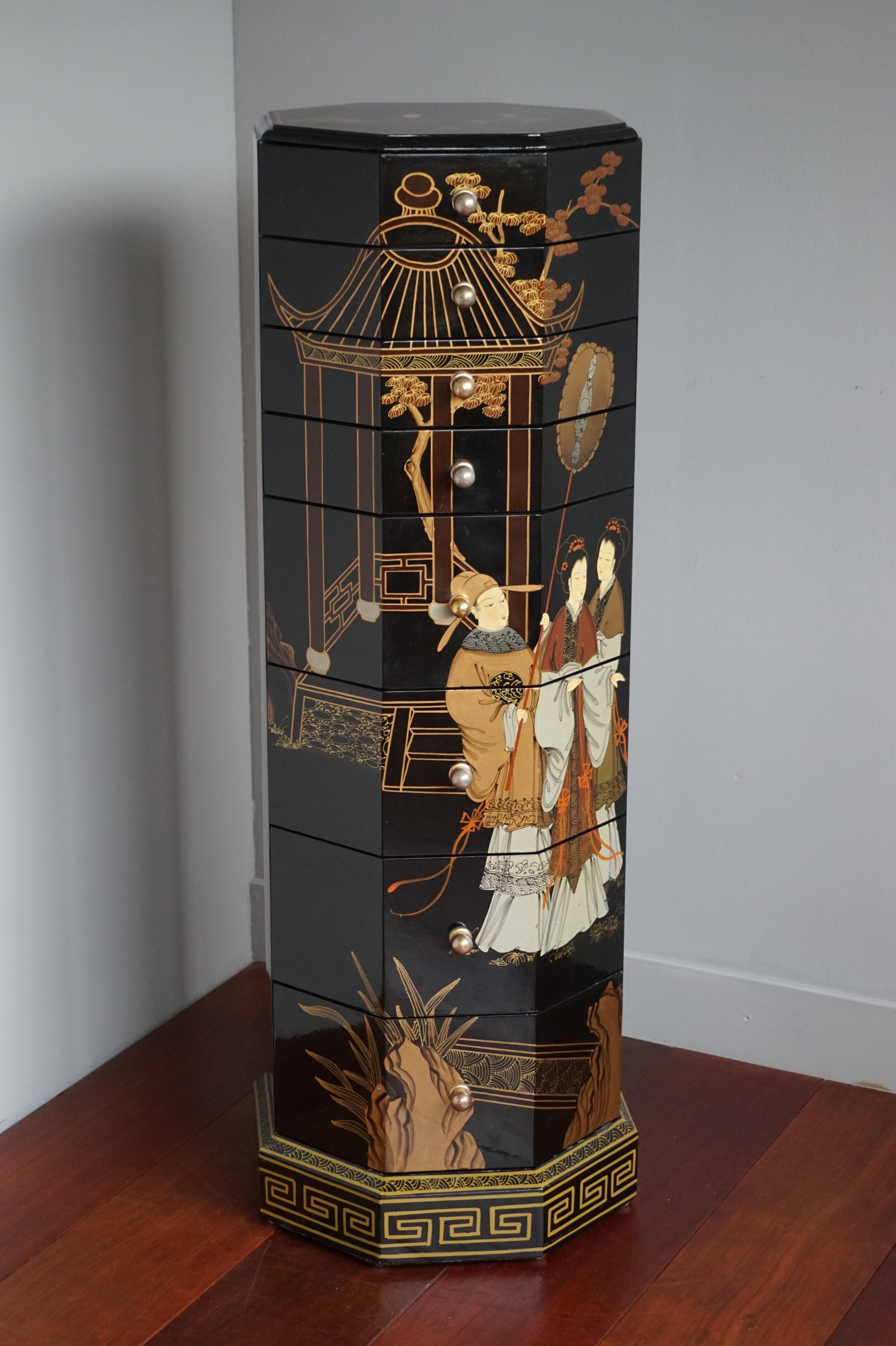 Beautifully Lacquered Column Chest of Drawers with Hand Painted Japanese Geishas 4
