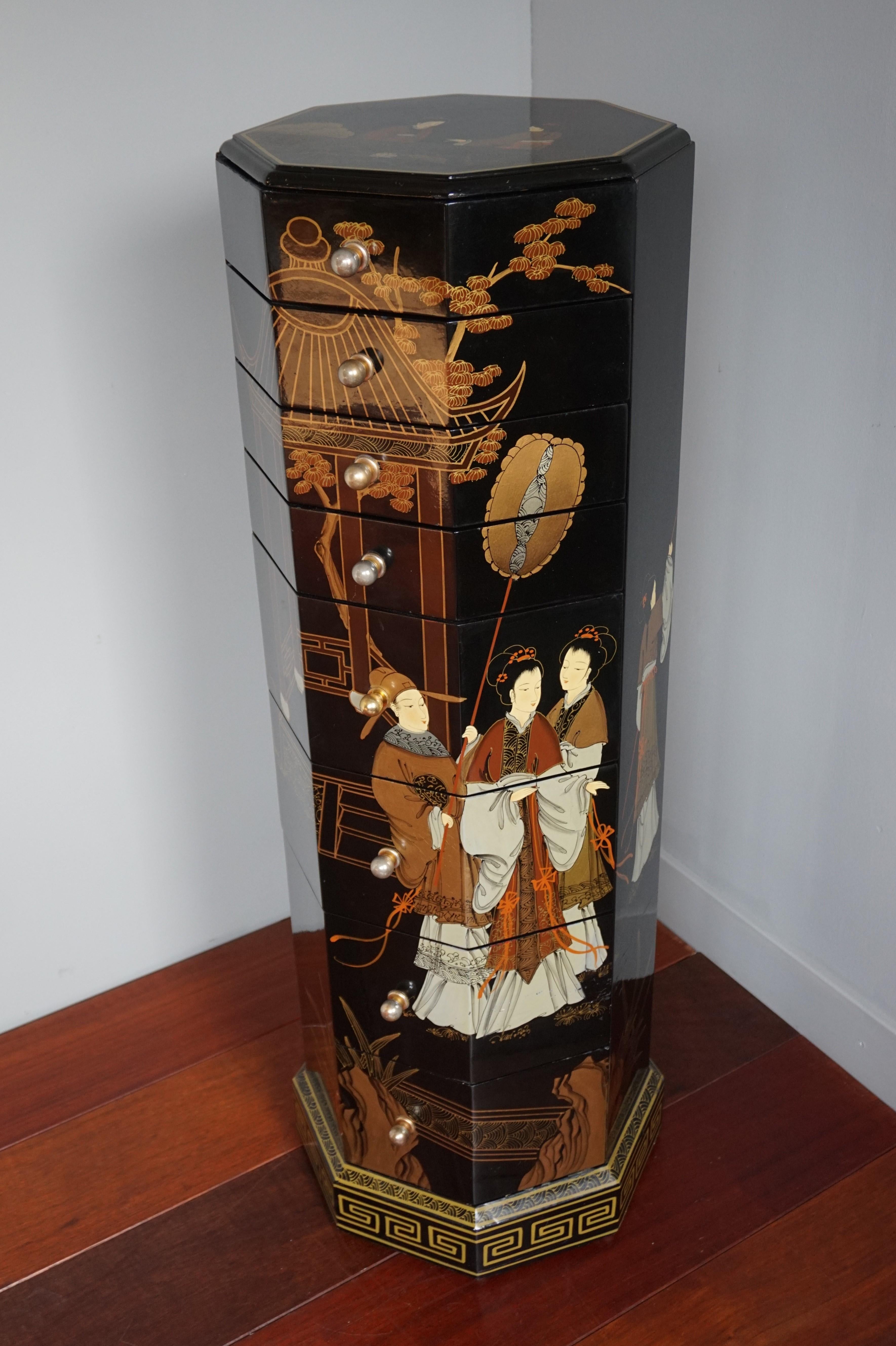 Beautifully Lacquered Column Chest of Drawers with Hand Painted Japanese Geishas 12