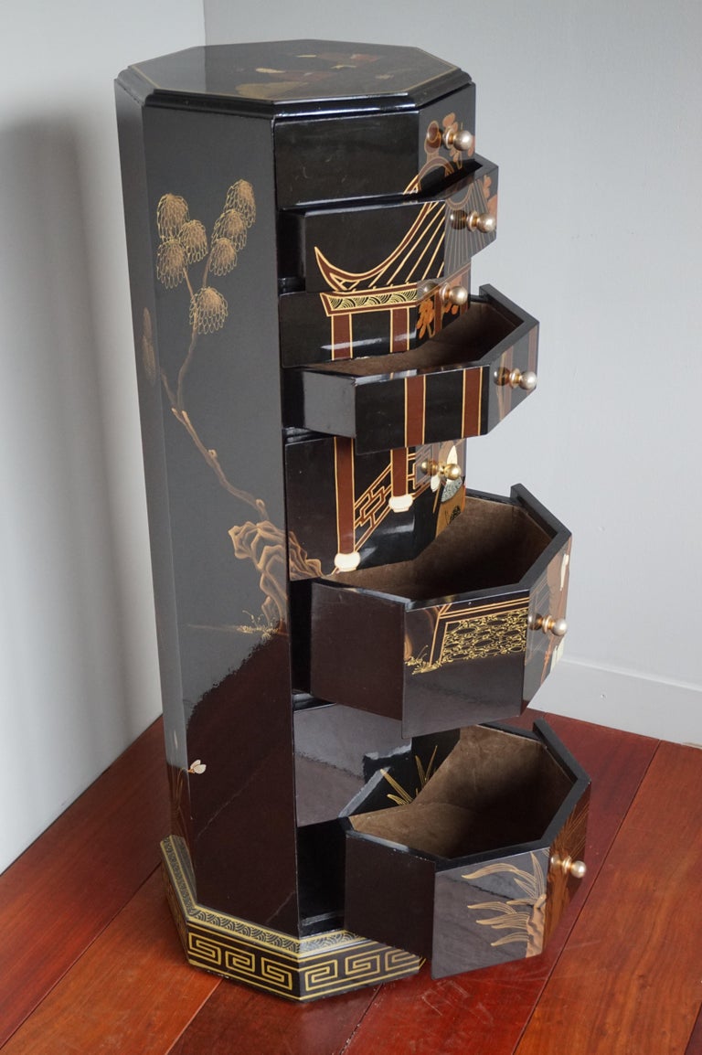 Beautifully Lacquered Column Chest of Drawers with Hand Painted ...