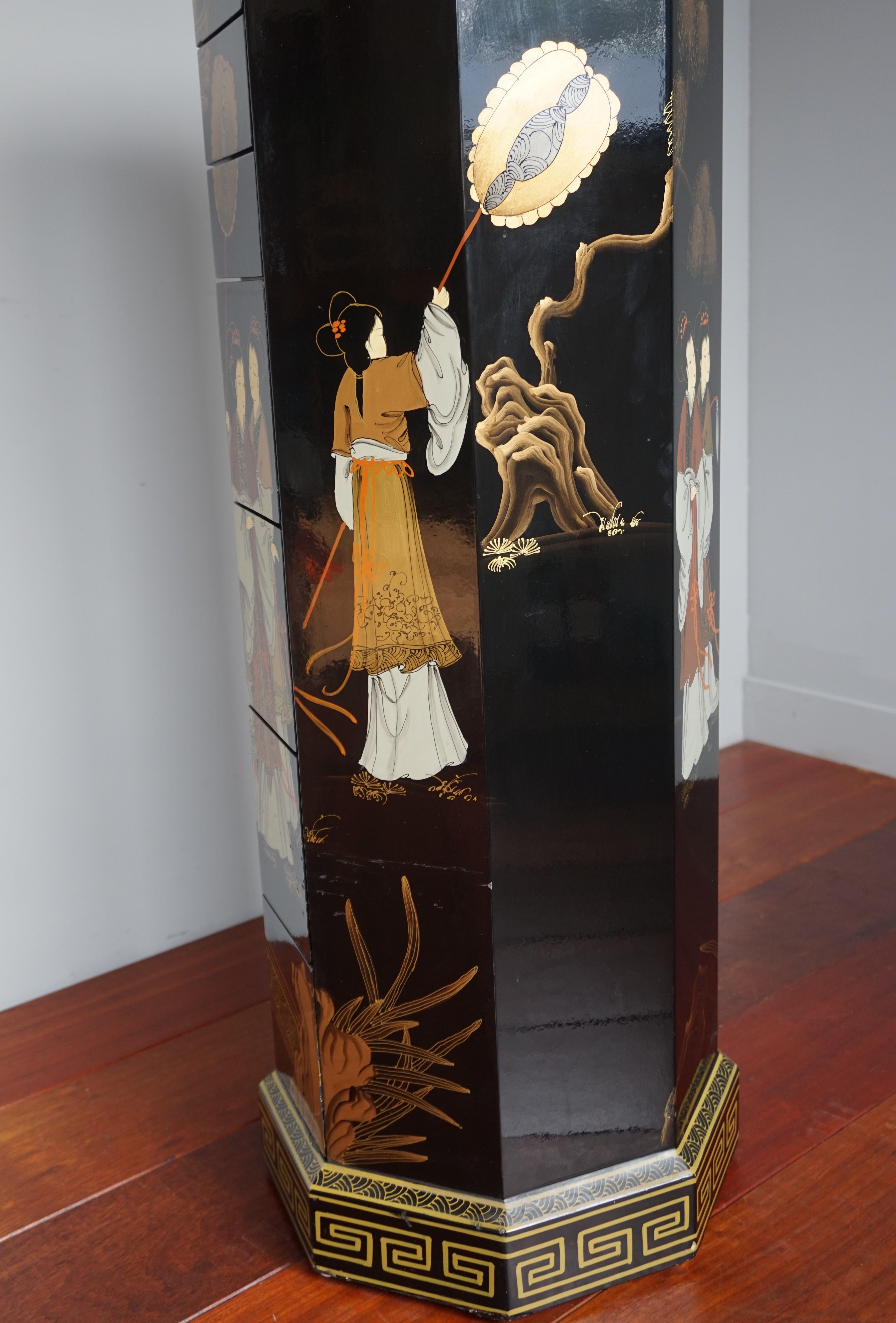 Beautifully Lacquered Column Chest of Drawers with Hand Painted Japanese Geishas 2