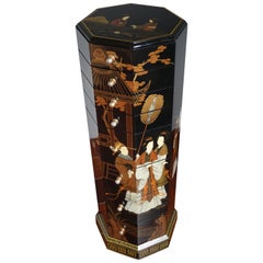Beautifully Lacquered Column Chest of Drawers with Hand Painted Japanese Geishas