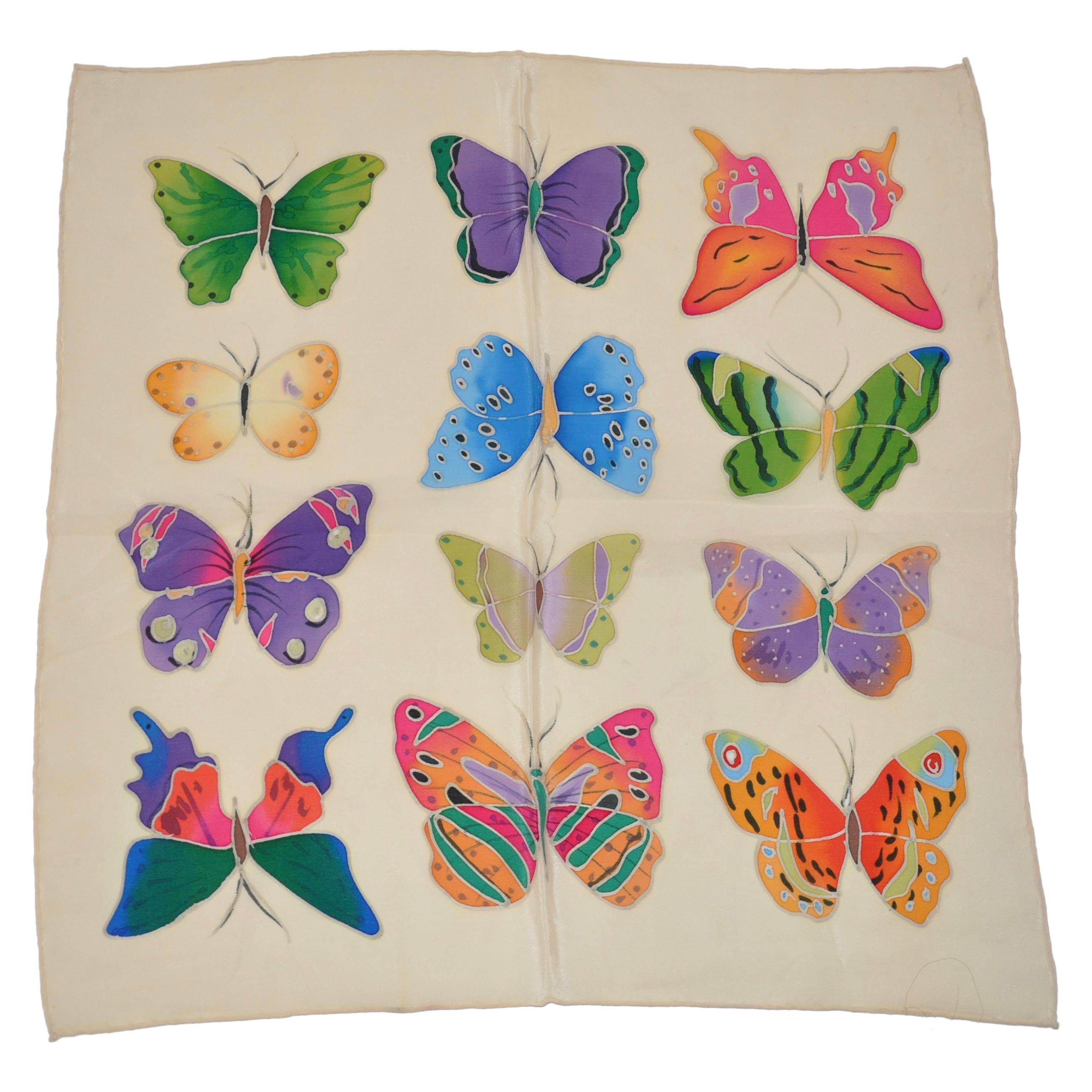 Beautifully Multicolor Detailed Hand-Painted "Butterflies Collection" Silk Scarf