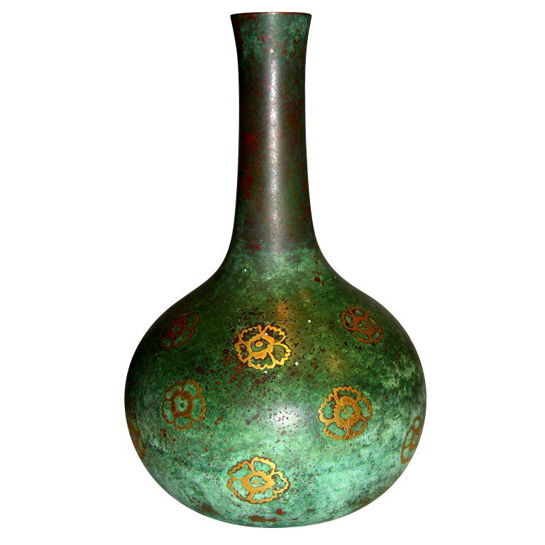Beautifully patinated inlaid Christofle bronze vase For Sale