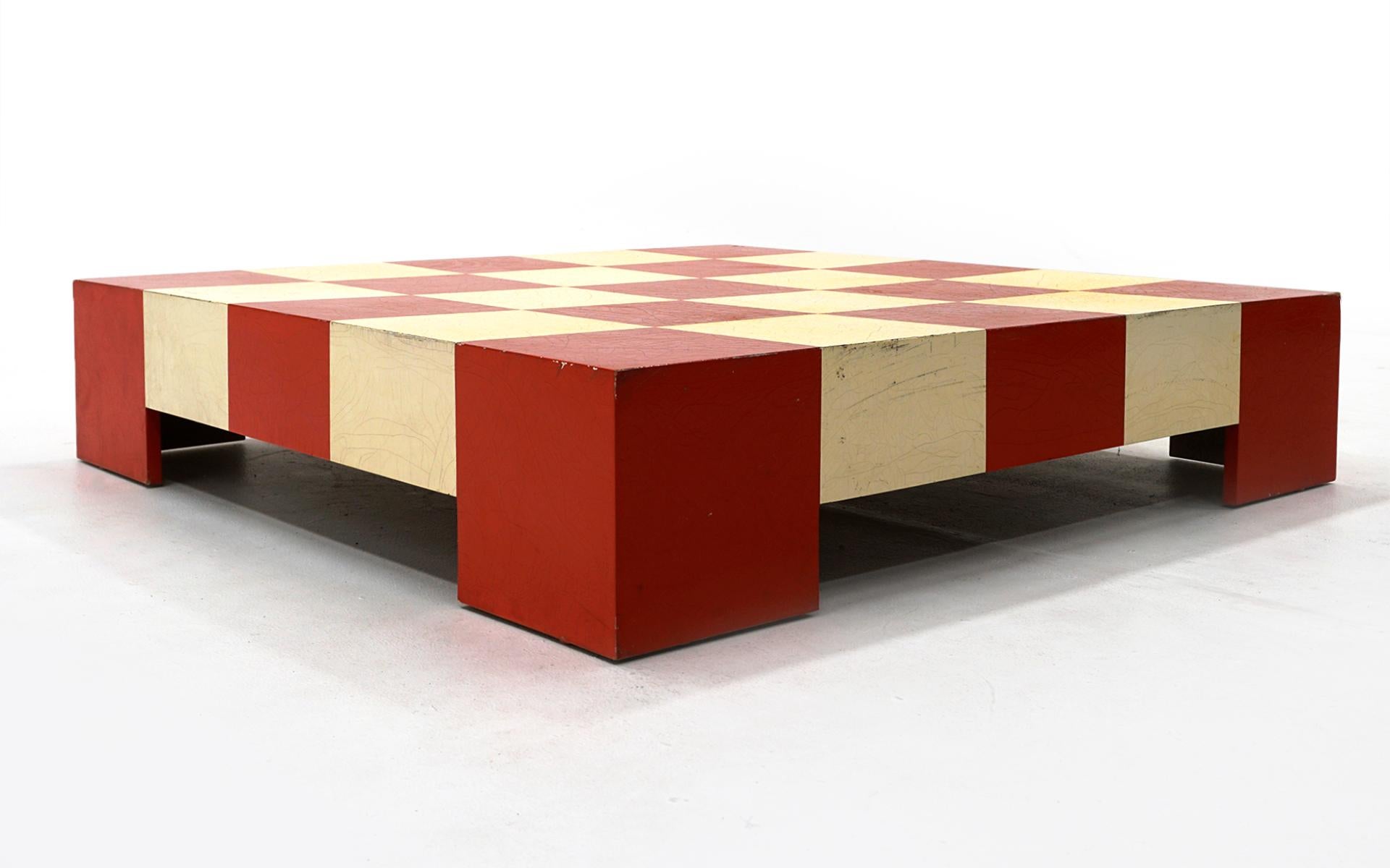Lacquered Beautifully Patinated Milo Baughman Checkerboard Coffee Table, Red and Off White