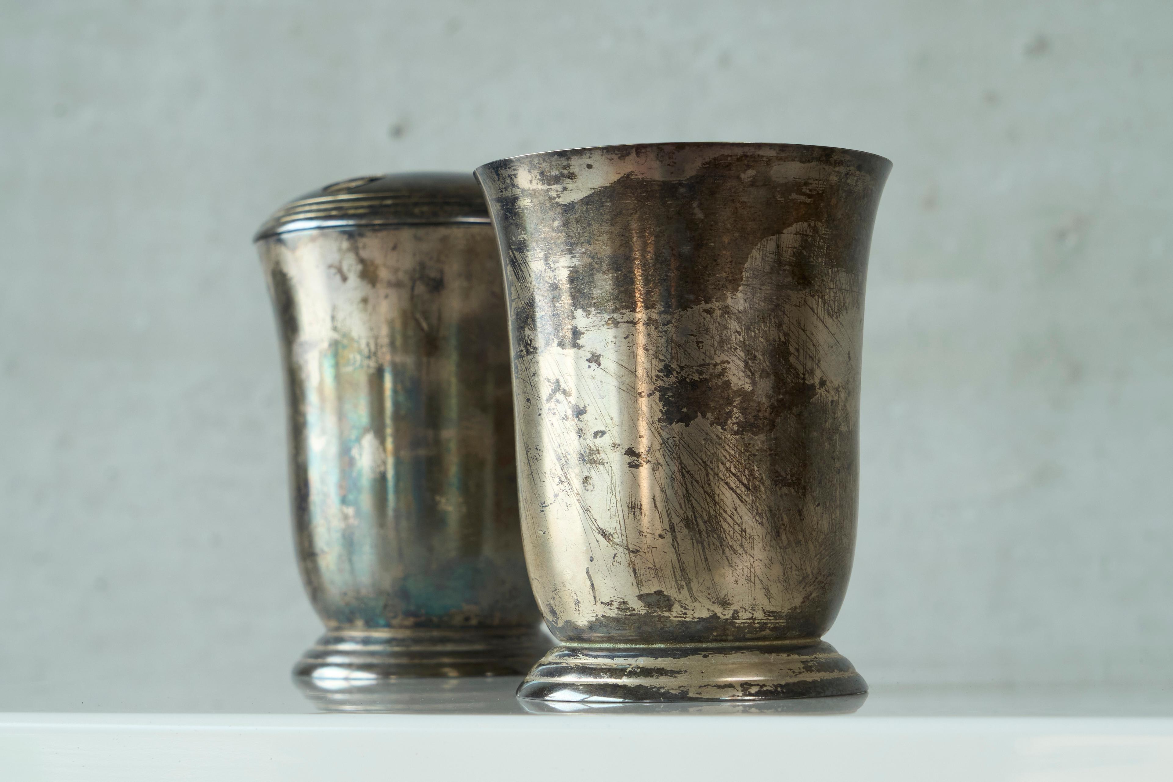 European Beautifully Patinated Silver Plated Bathroom Set 1960s For Sale