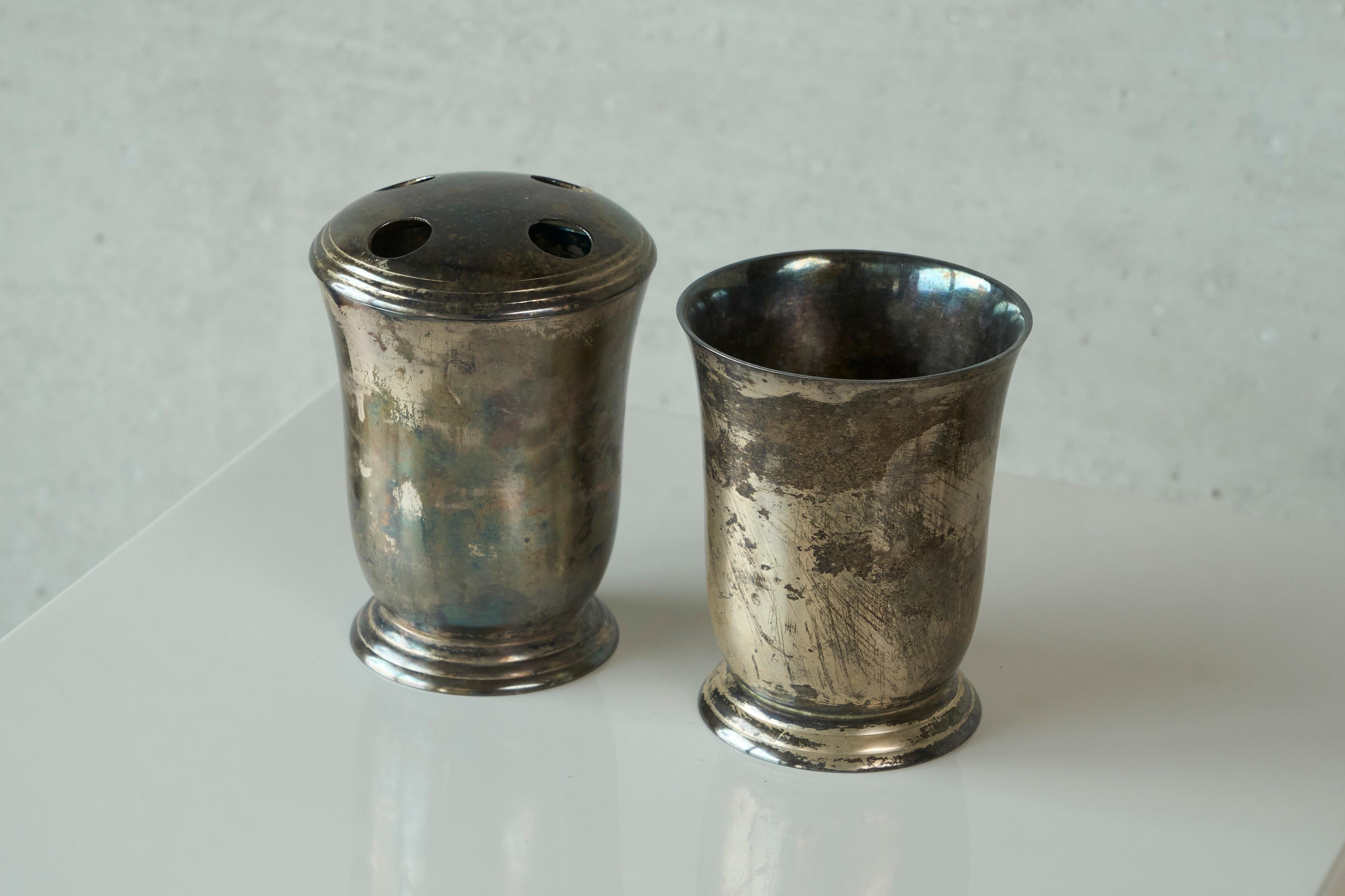Hand-Crafted Beautifully Patinated Silver Plated Bathroom Set 1960s For Sale
